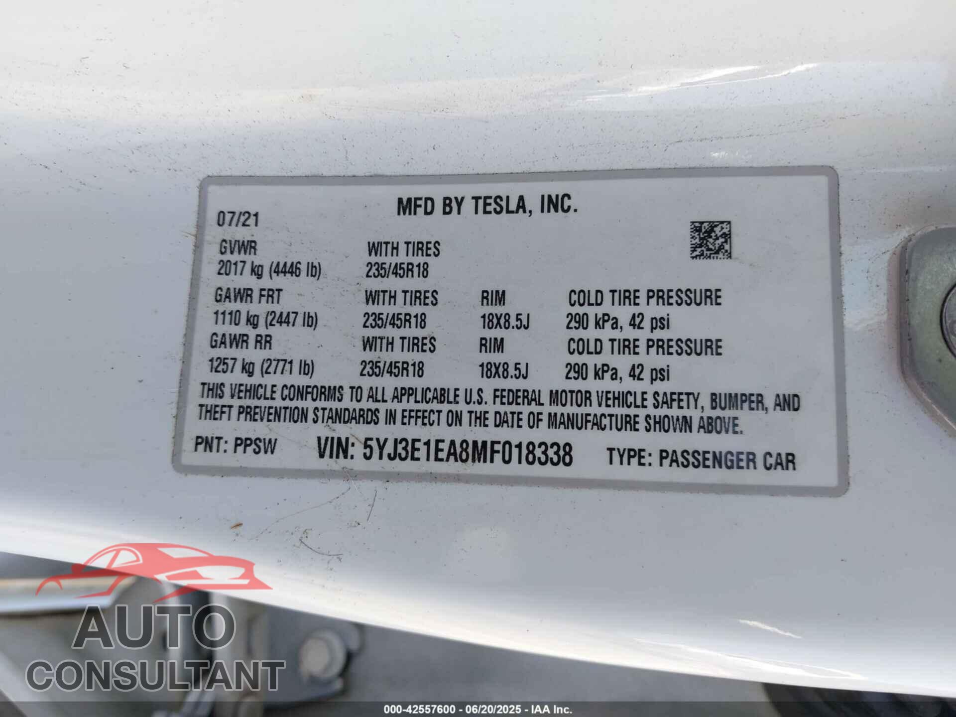 TESLA MODEL 3 2021 - 5YJ3E1EA8MF018338