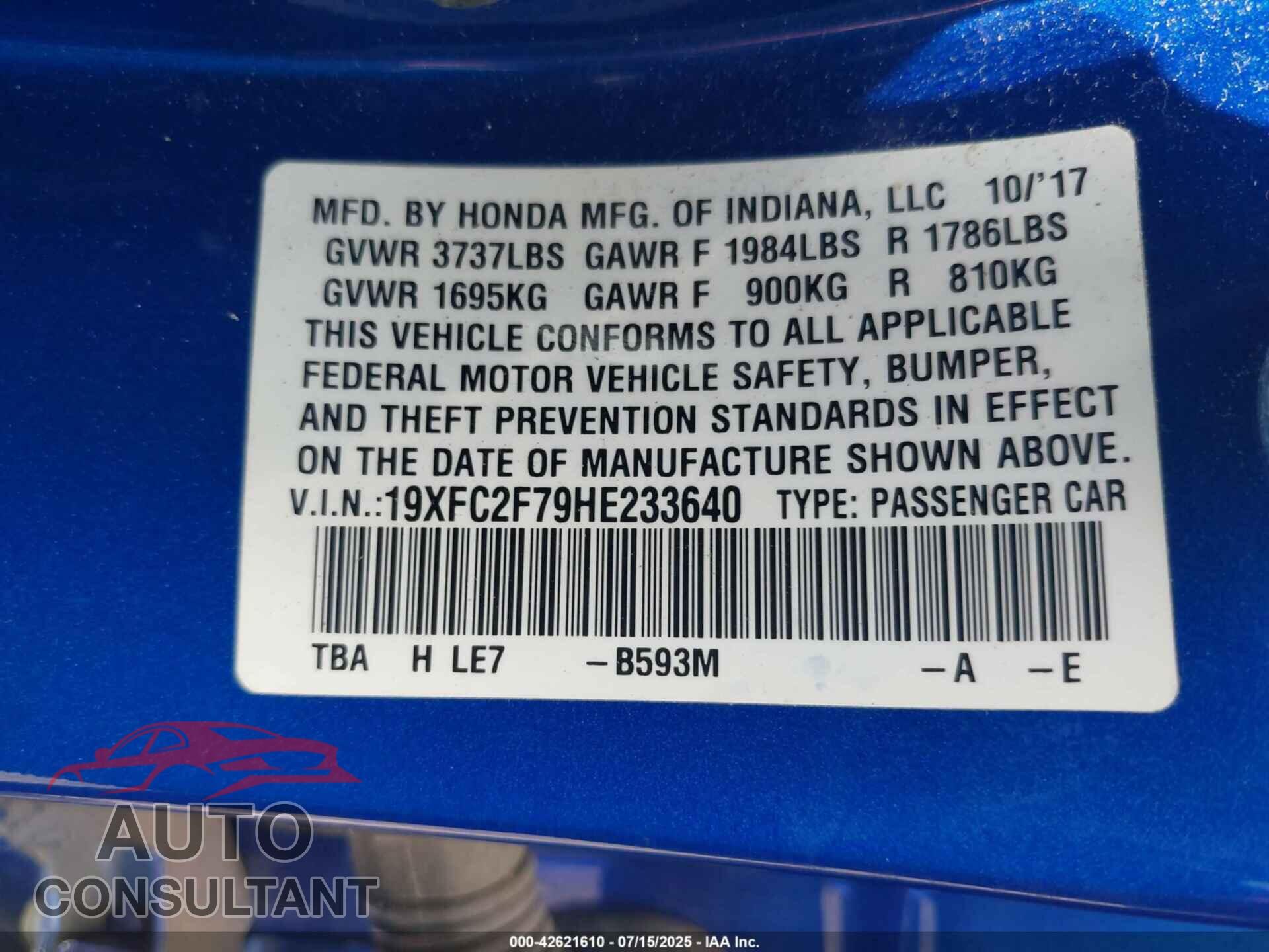 HONDA CIVIC 2017 - 19XFC2F79HE233640