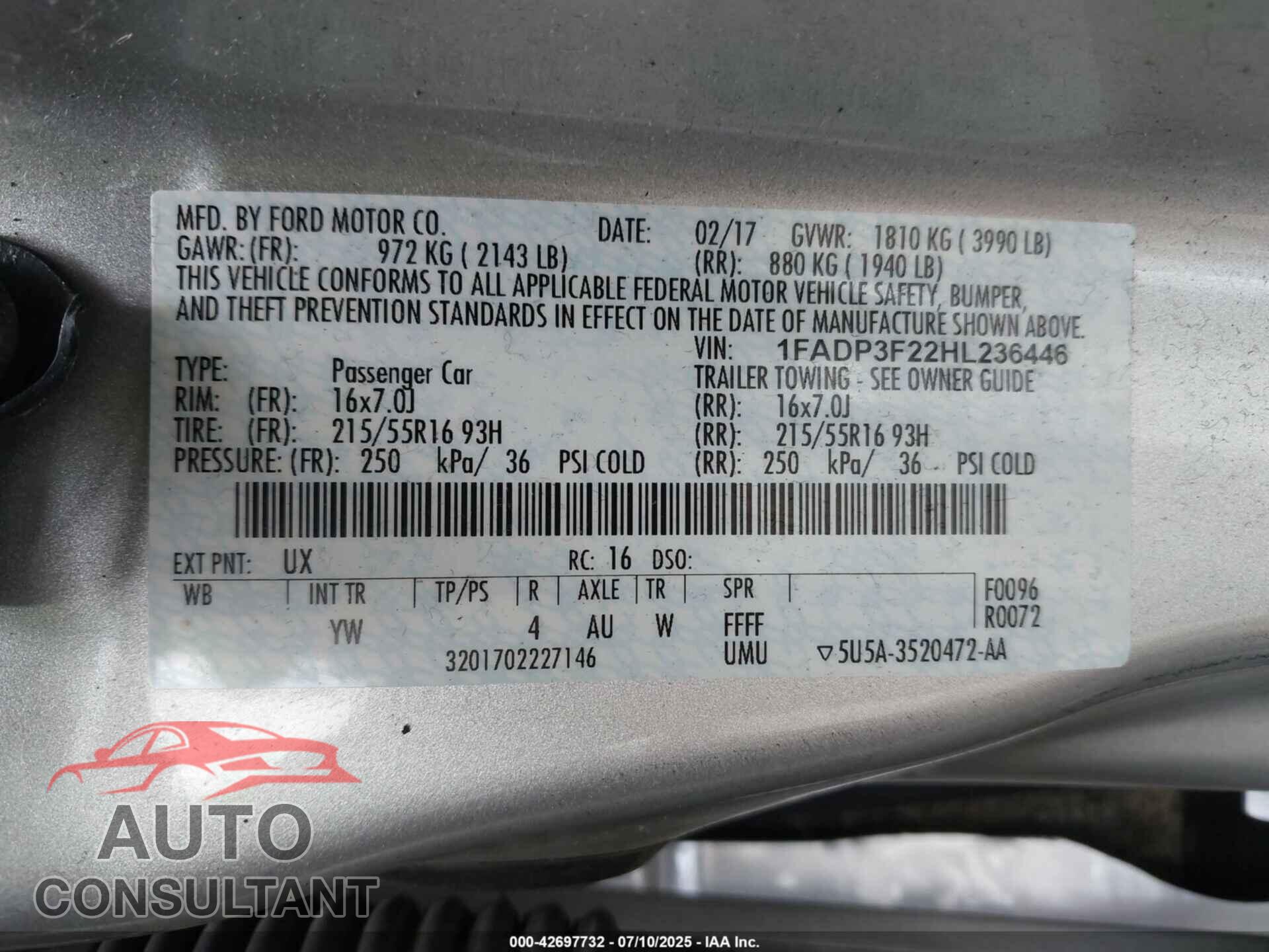 FORD FOCUS 2017 - 1FADP3F22HL236446