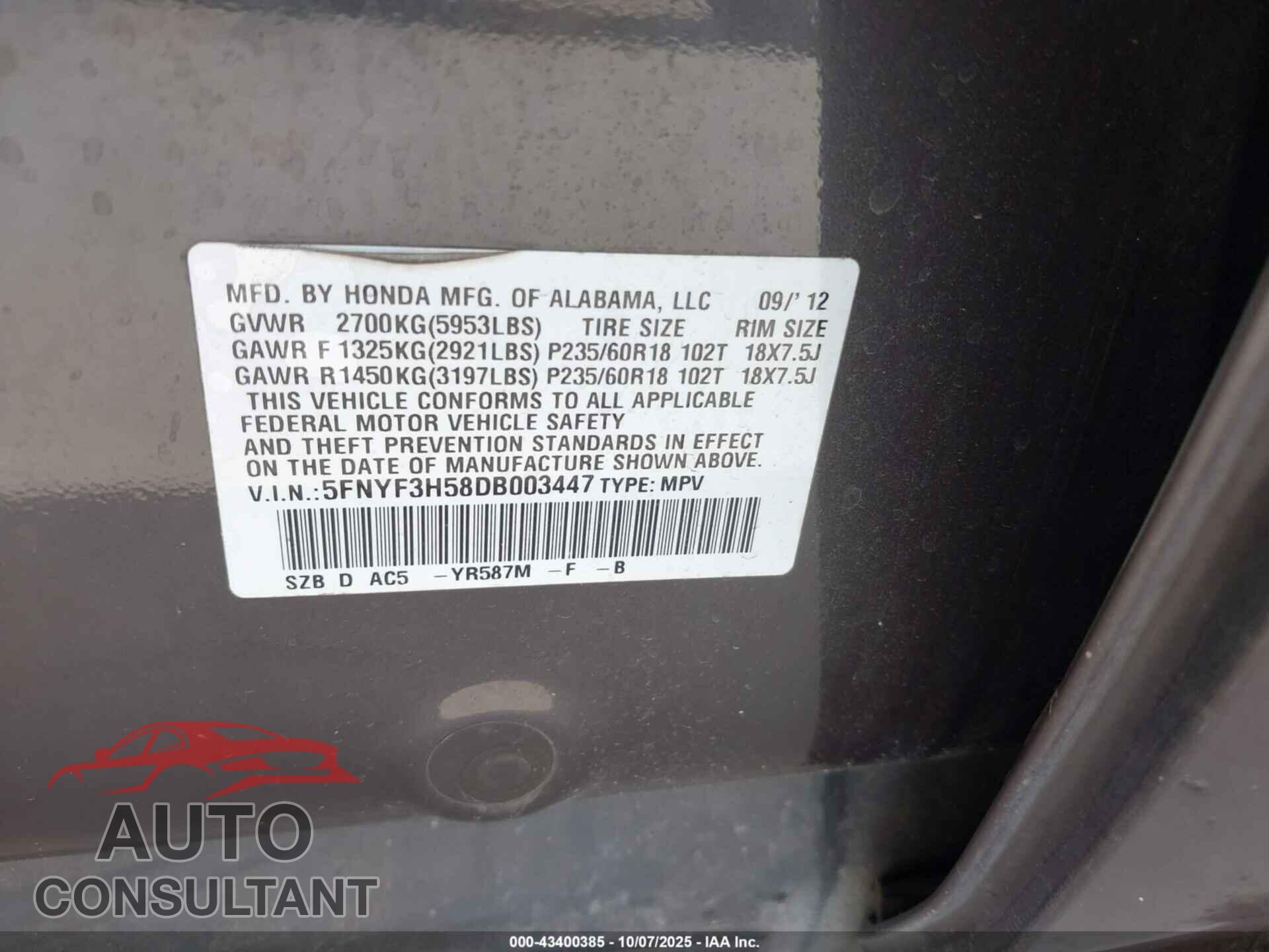 HONDA PILOT 2013 - 5FNYF3H58DB003447