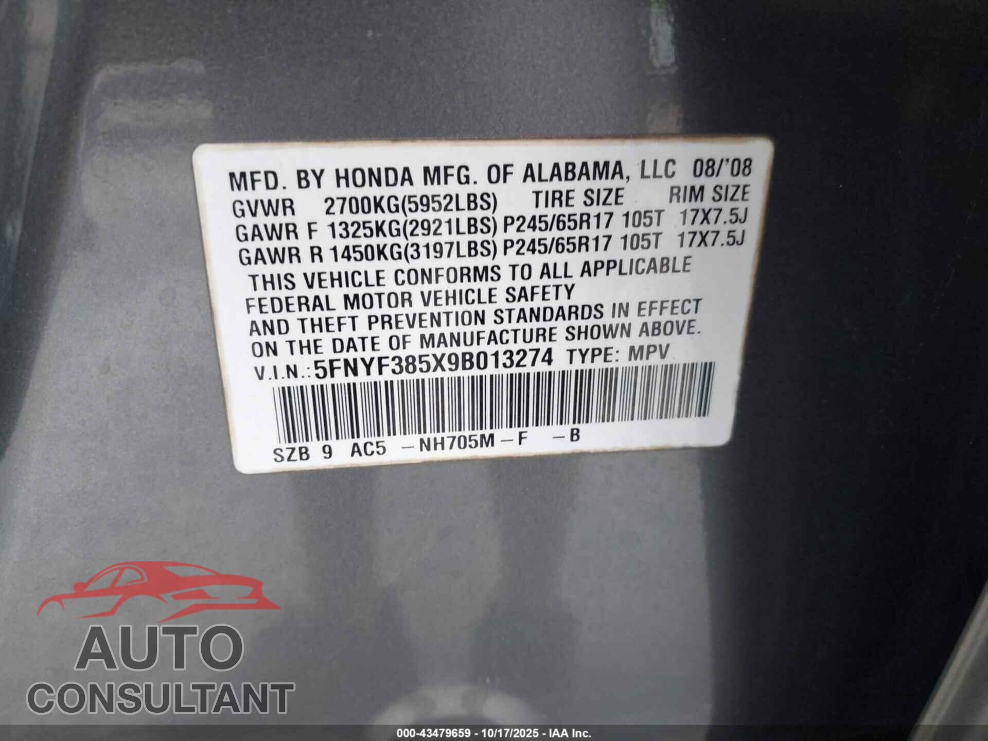 HONDA PILOT 2009 - 5FNYF385X9B013274