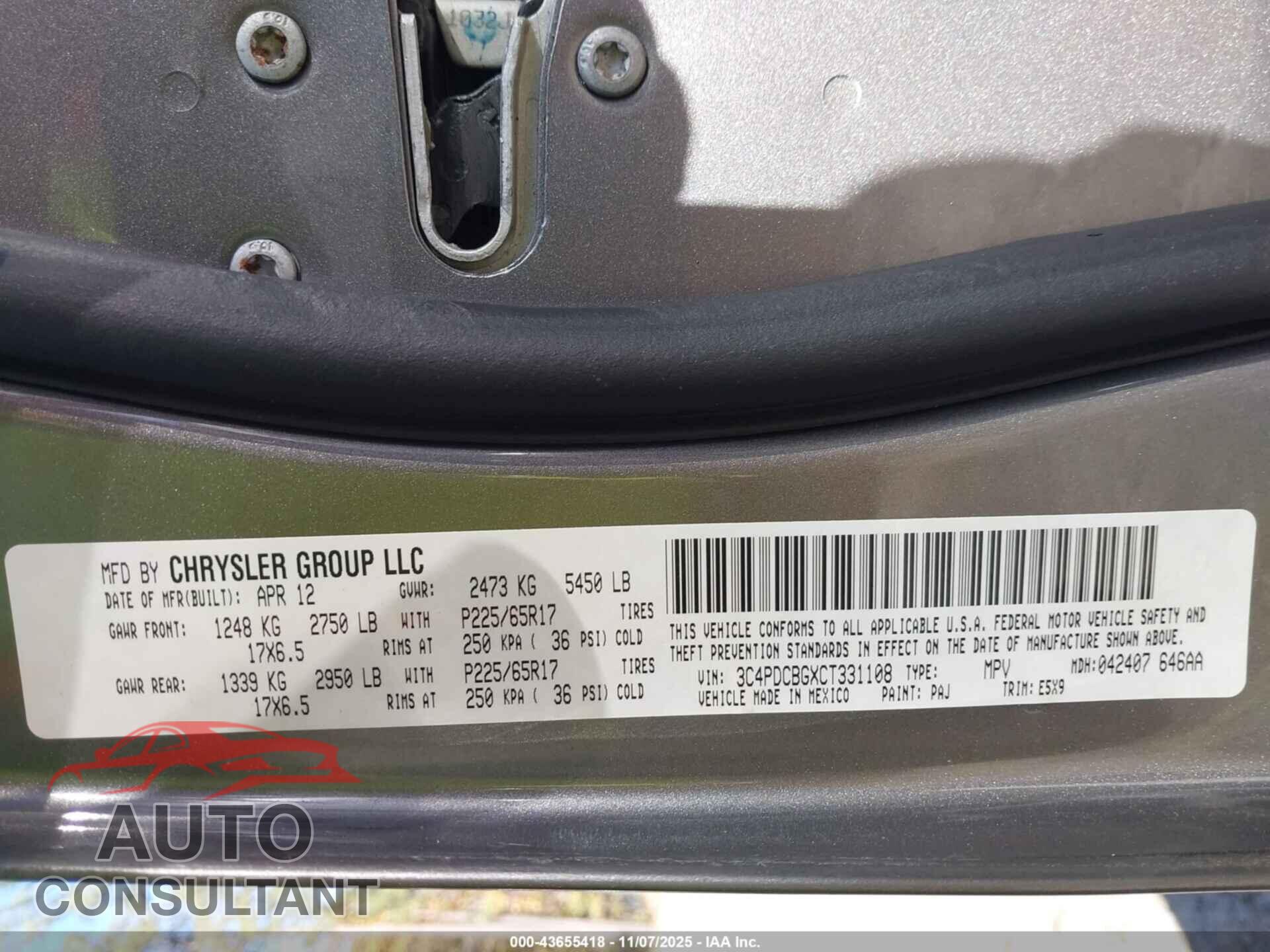 DODGE JOURNEY 2012 - 3C4PDCBGXCT331108