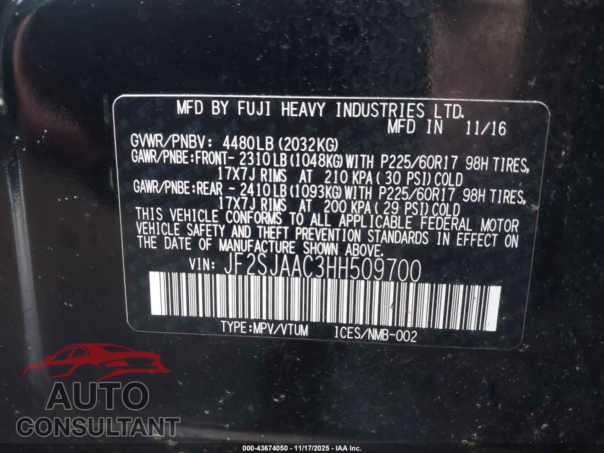 SUBARU FORESTER 2017 - JF2SJAAC3HH509700