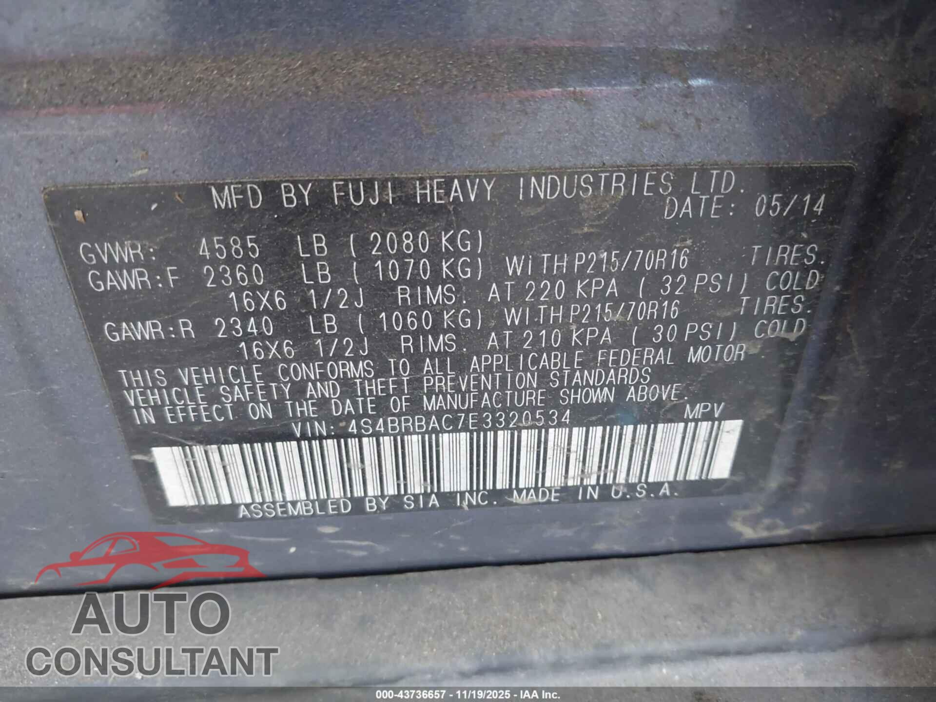SUBARU OUTBACK 2014 - 4S4BRBAC7E3320534