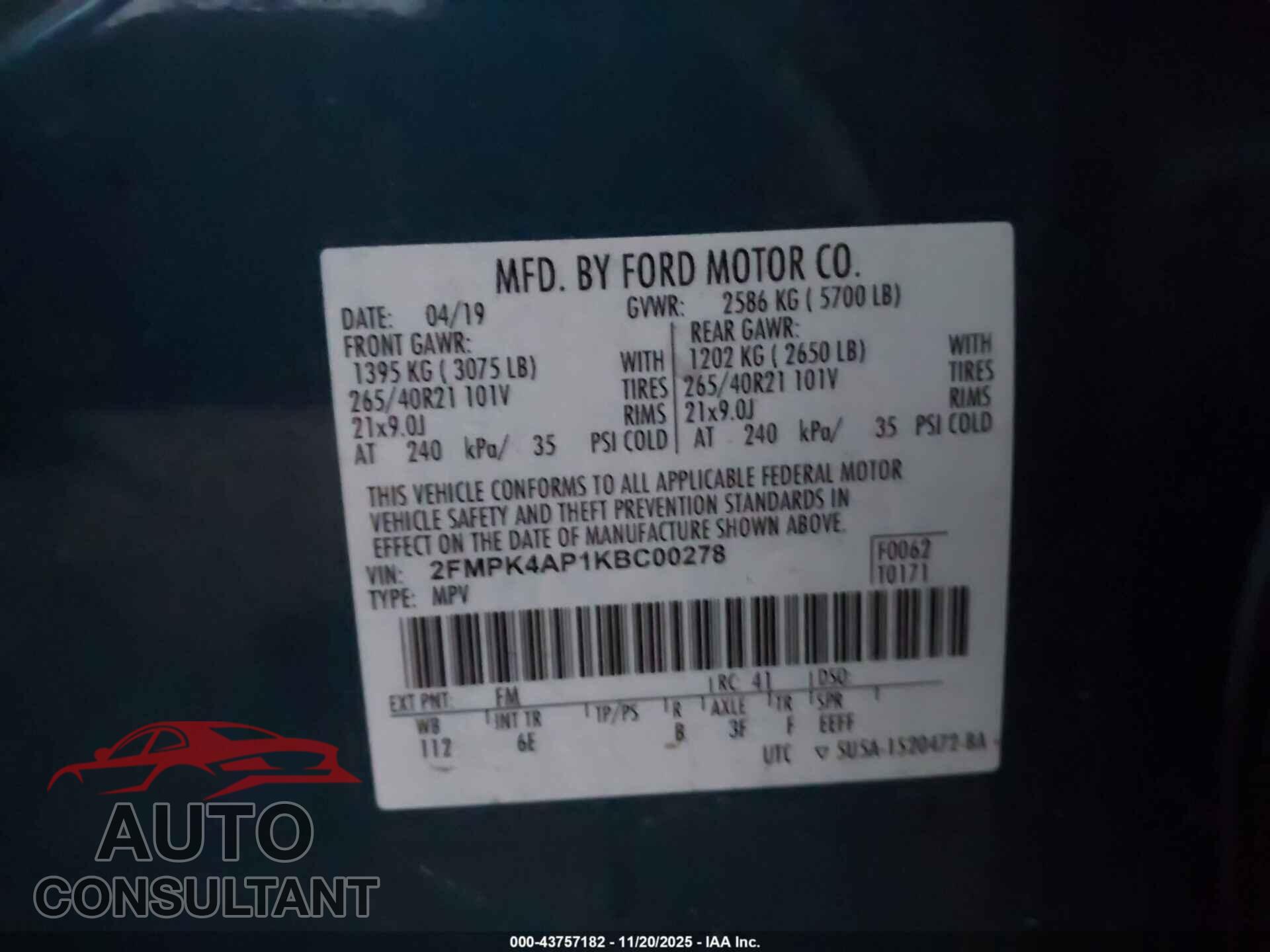 FORD EDGE 2019 - 2FMPK4AP1KBC00278