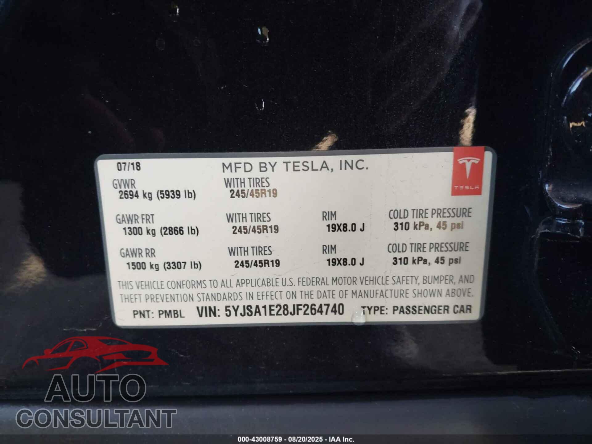 TESLA MODEL S 2018 - 5YJSA1E28JF264740