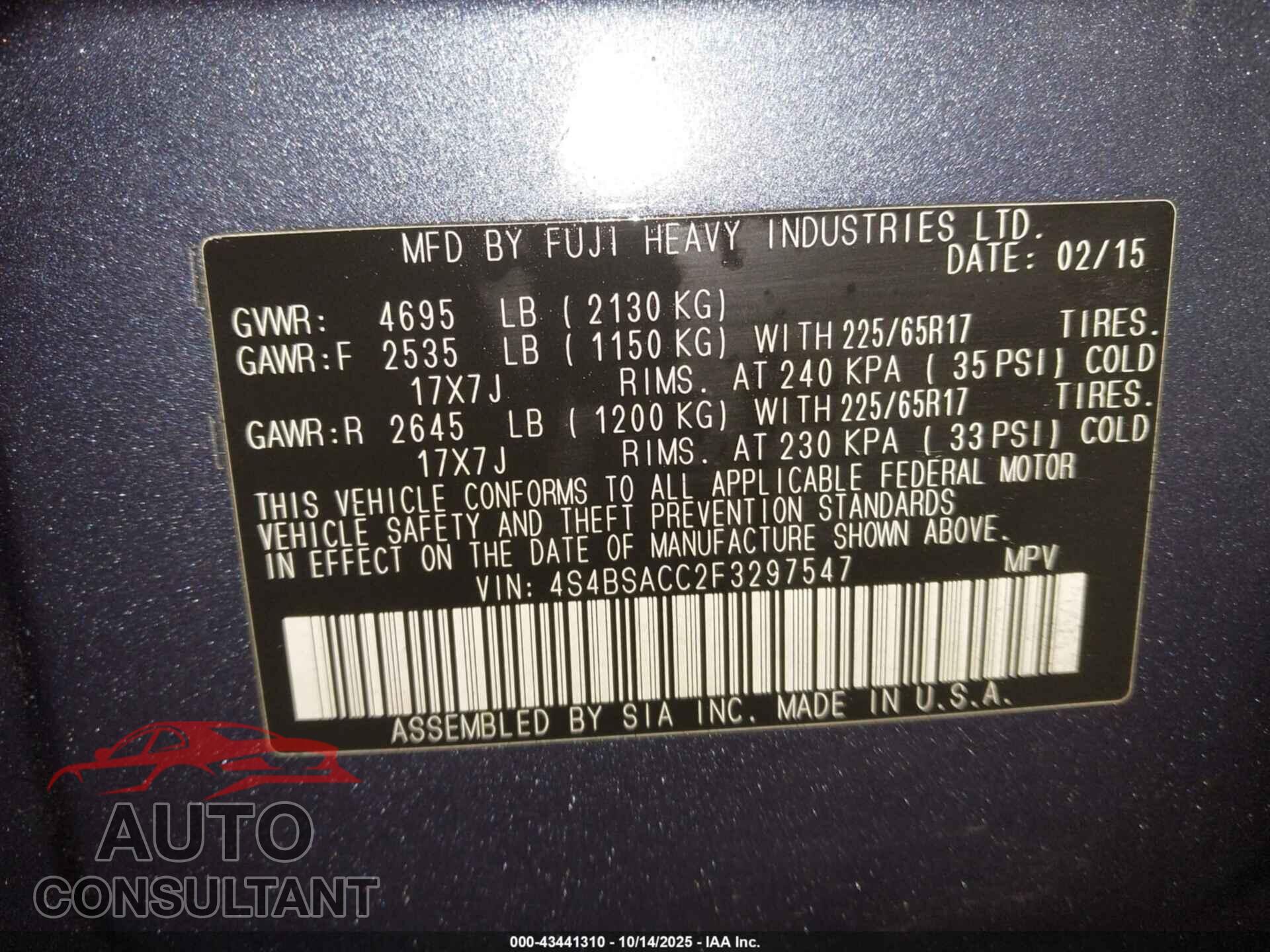 SUBARU OUTBACK 2015 - 4S4BSACC2F3297547