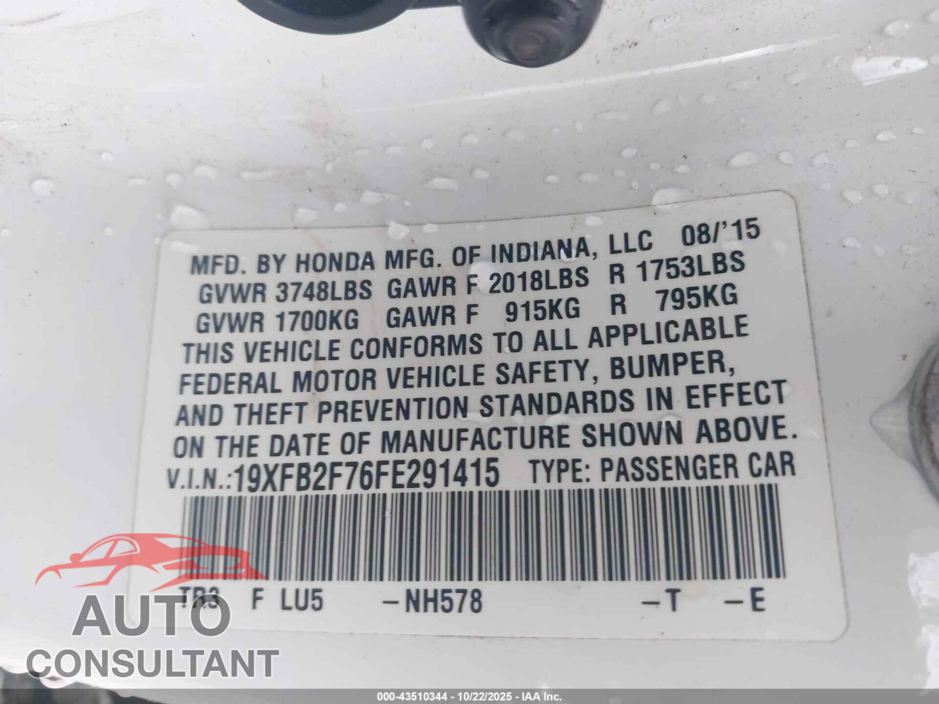 HONDA CIVIC 2015 - 19XFB2F76FE291415