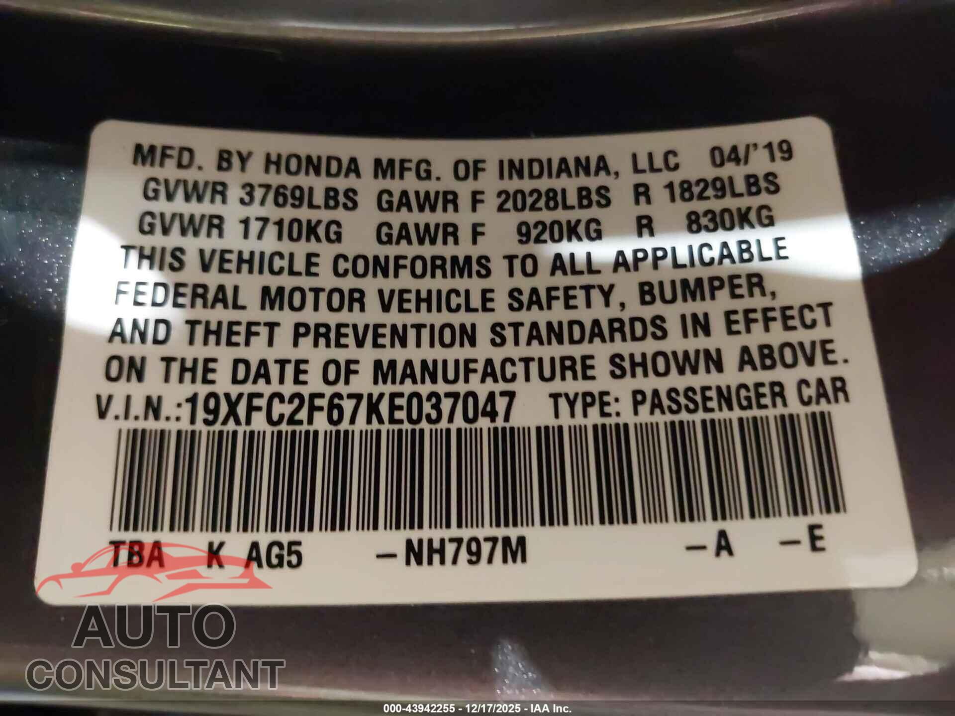 HONDA CIVIC 2019 - 19XFC2F67KE037047