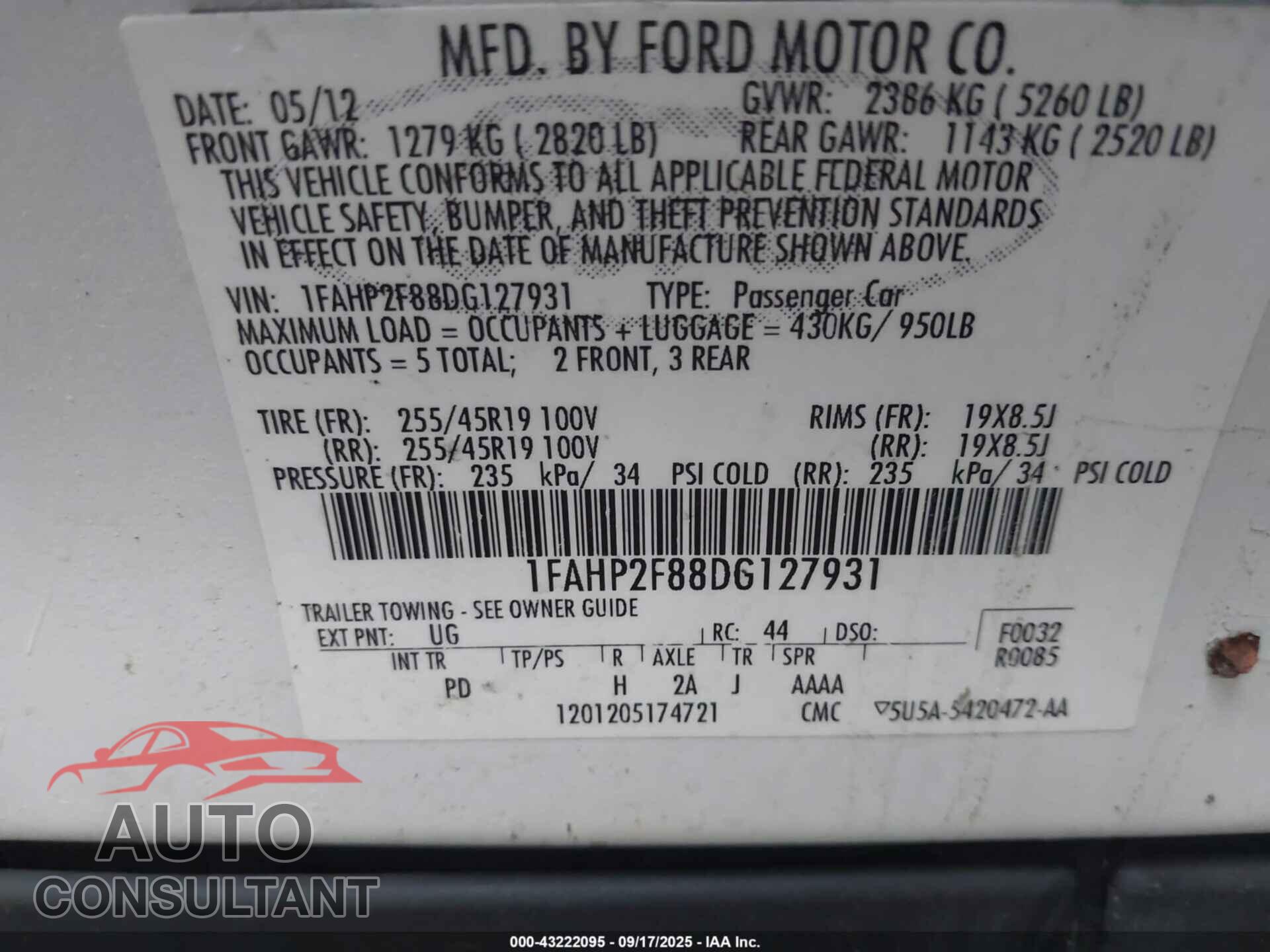 FORD TAURUS 2013 - 1FAHP2F88DG127931