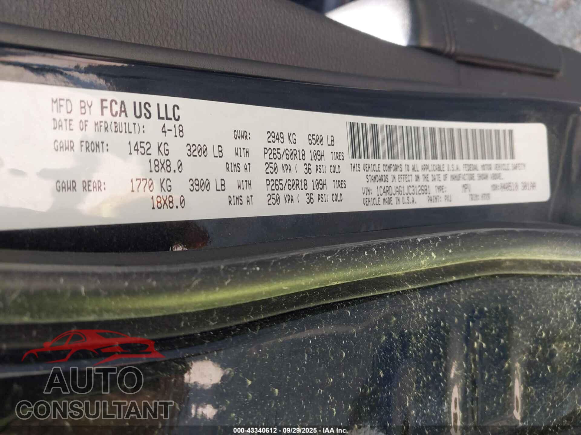 DODGE DURANGO 2018 - 1C4RDJAG1JC312681