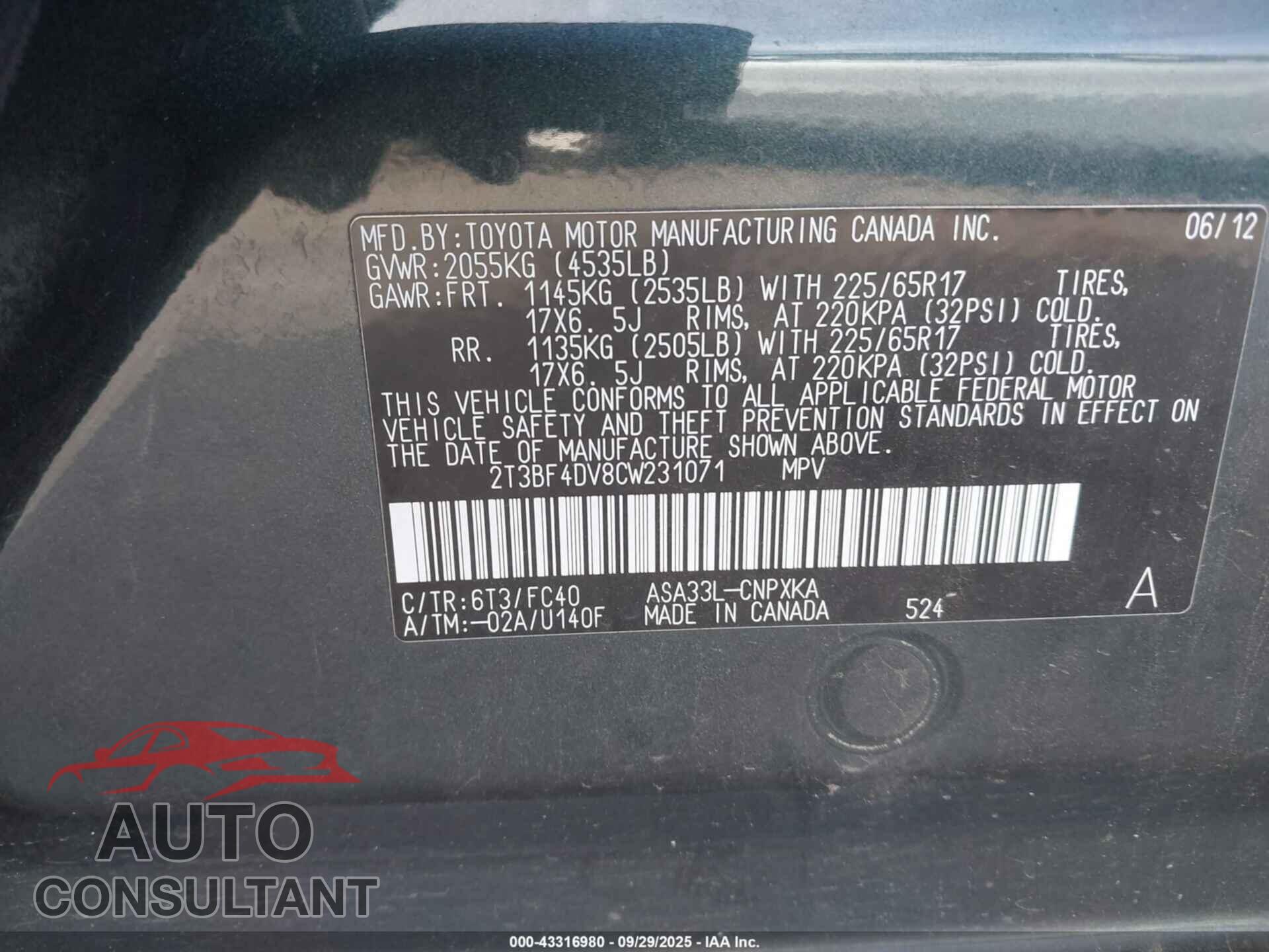 TOYOTA RAV4 2012 - 2T3BF4DV8CW231071
