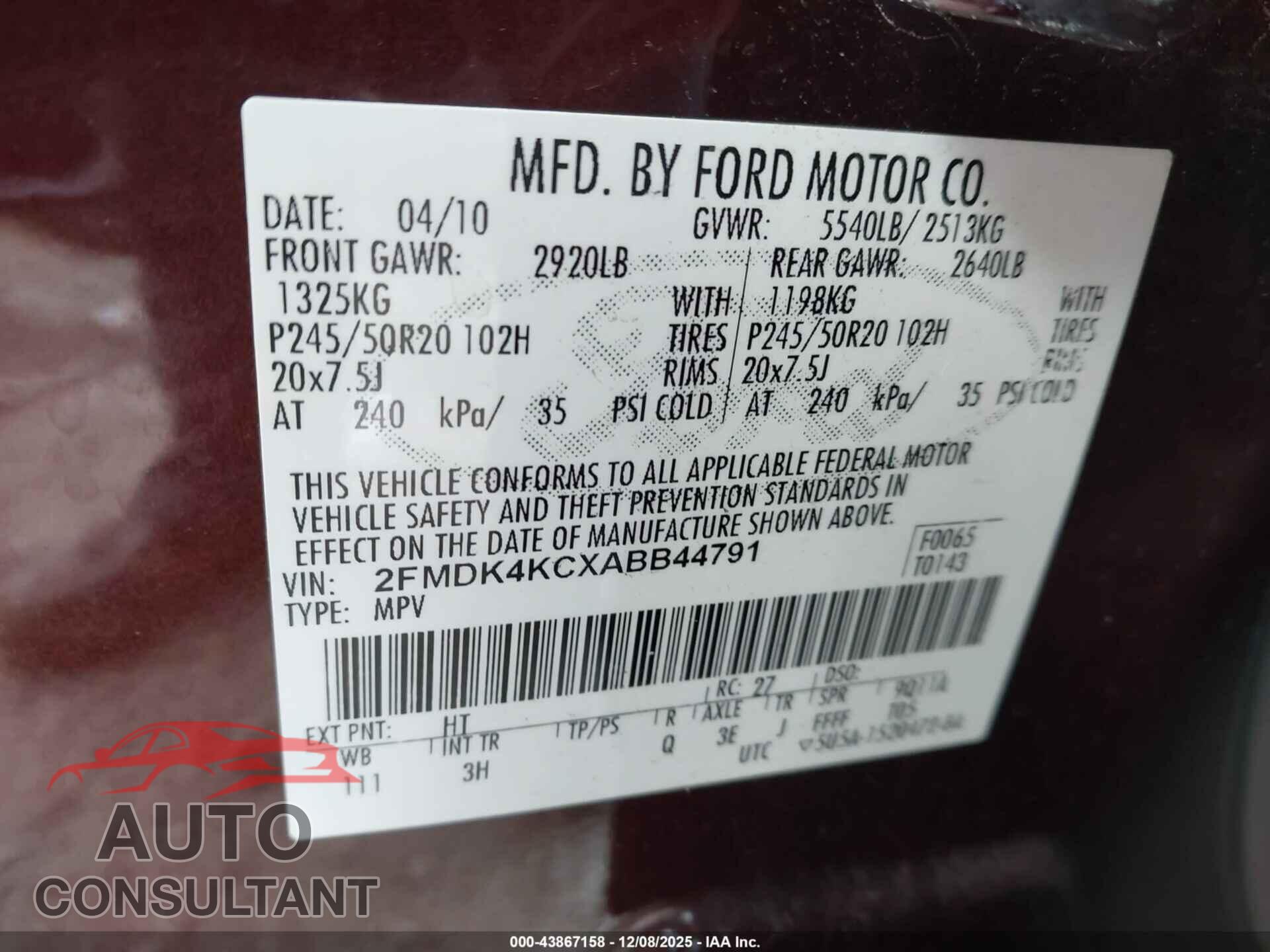FORD EDGE 2010 - 2FMDK4KCXABB44791