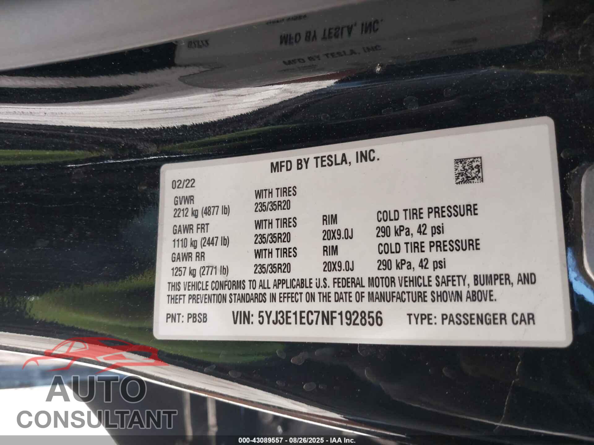 TESLA MODEL 3 2022 - 5YJ3E1EC7NF192856
