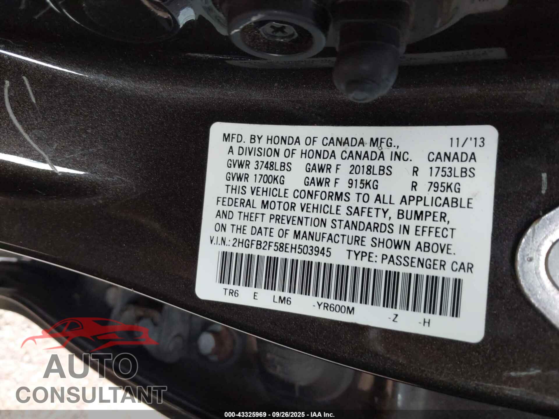 HONDA CIVIC 2014 - 2HGFB2F58EH503945