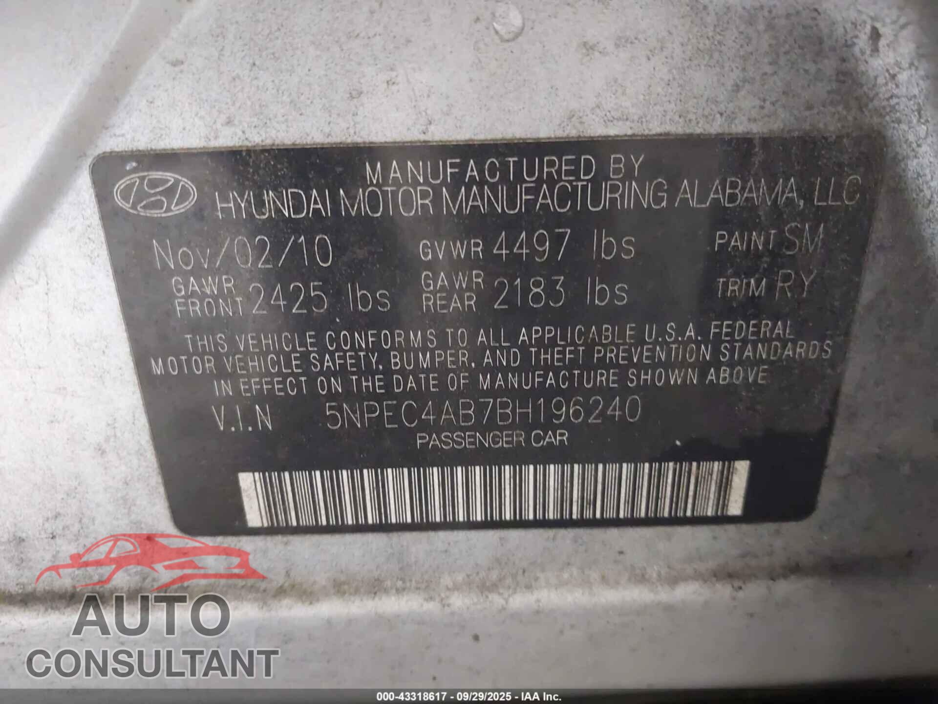 HYUNDAI SONATA 2011 - 5NPEC4AB7BH196240