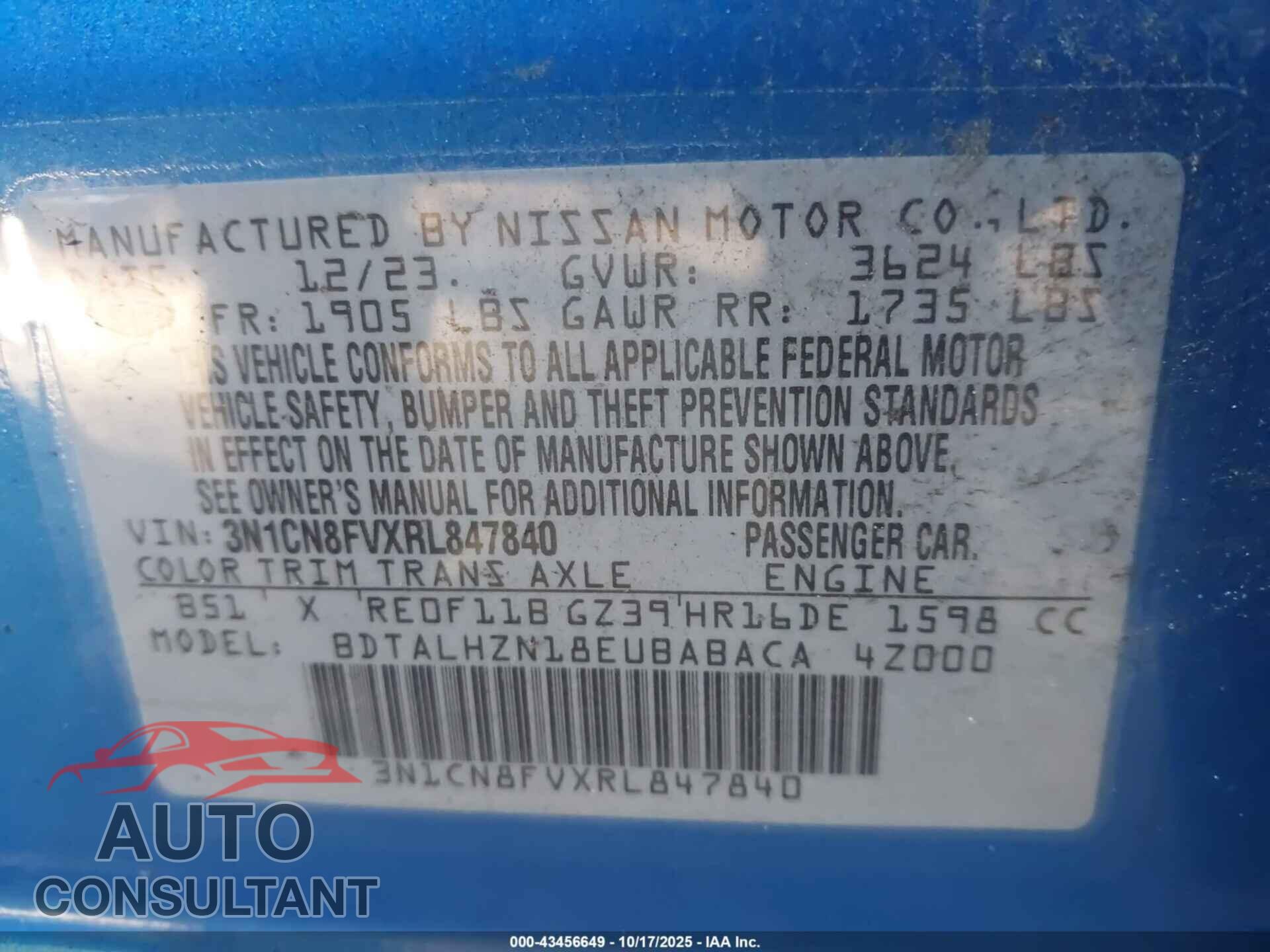 NISSAN VERSA 2024 - 3N1CN8FVXRL847840