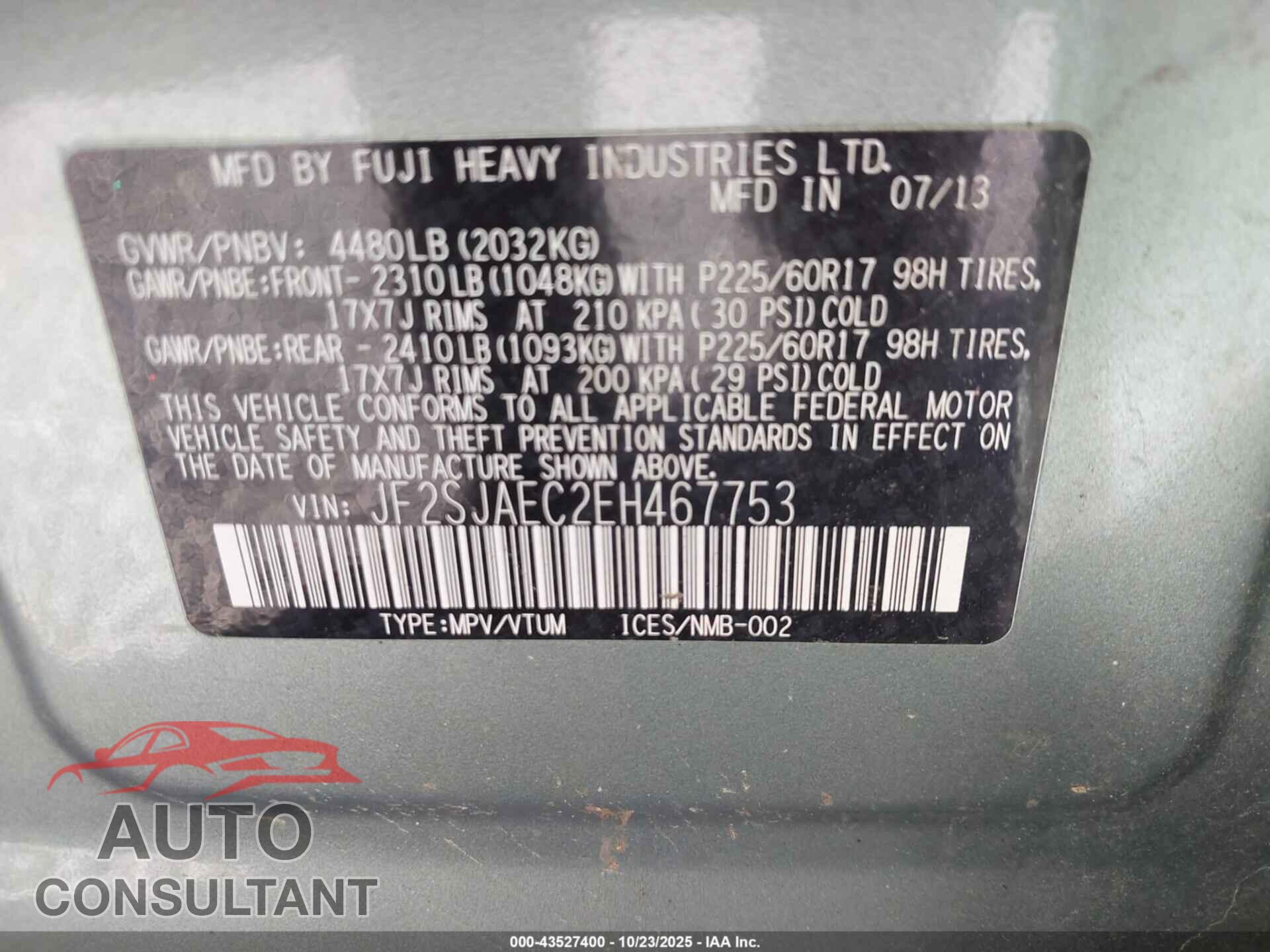 SUBARU FORESTER 2014 - JF2SJAEC2EH467753