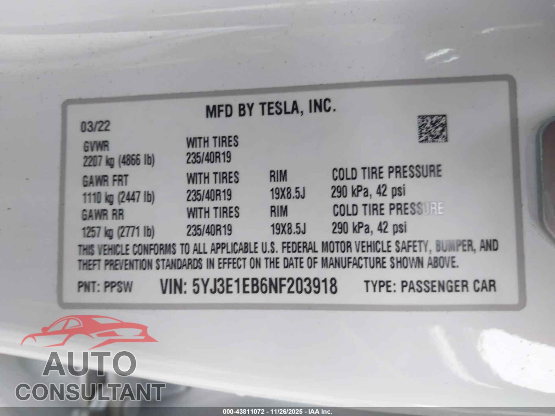 TESLA MODEL 3 2022 - 5YJ3E1EB6NF203918