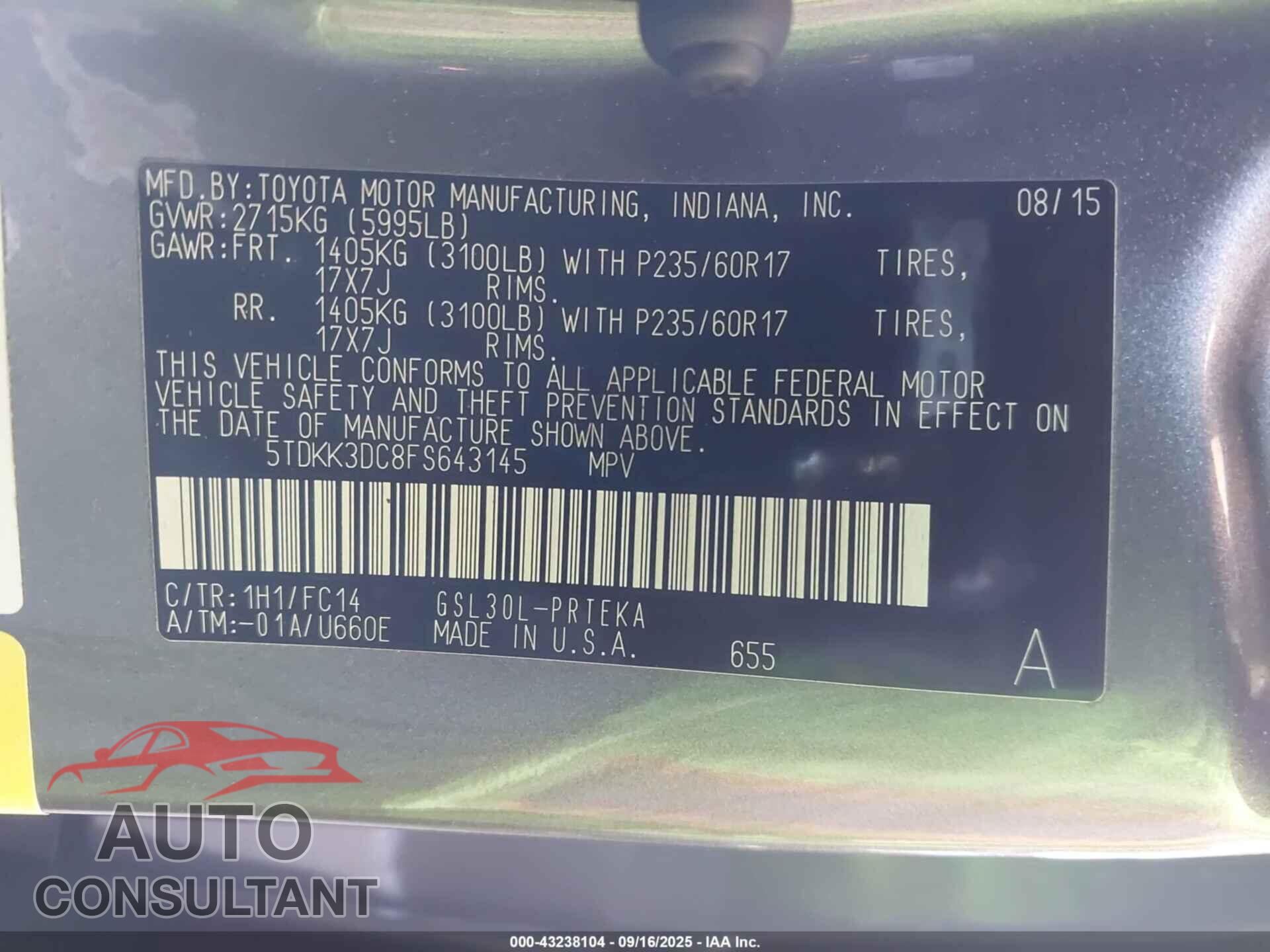 TOYOTA SIENNA 2015 - 5TDKK3DC8FS643145
