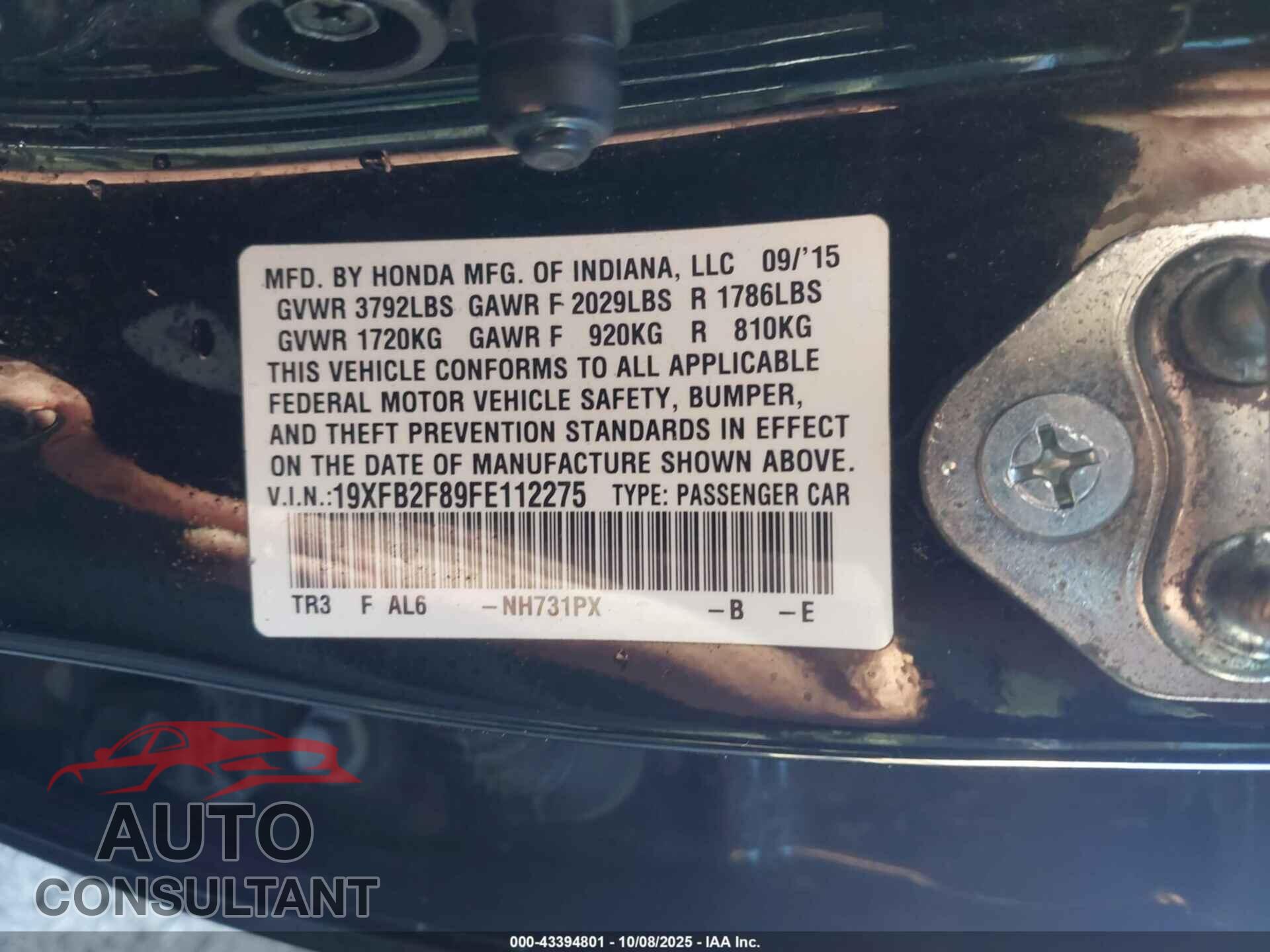 HONDA CIVIC 2015 - 19XFB2F89FE112275