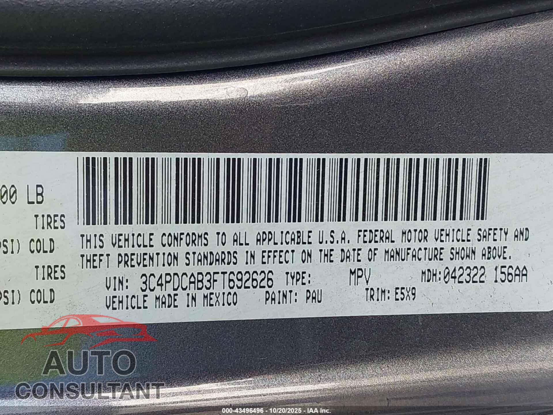 DODGE JOURNEY 2015 - 3C4PDCAB3FT692626