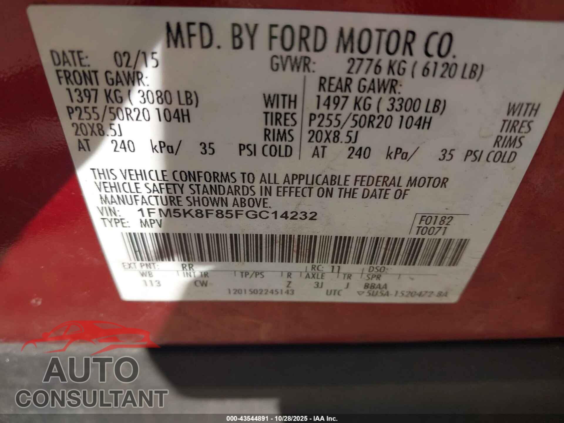 FORD EXPLORER 2015 - 1FM5K8F85FGC14232