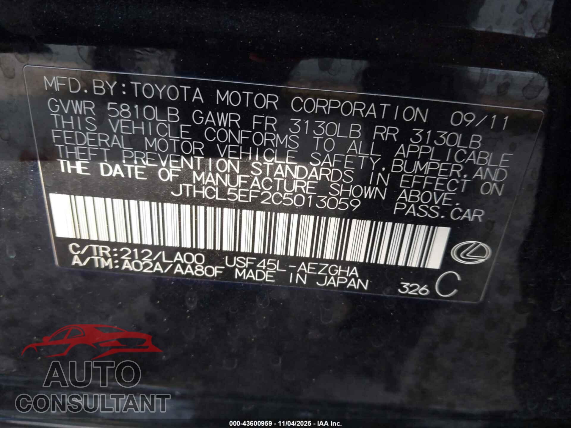 LEXUS LS 460 2012 - JTHCL5EF2C5013059