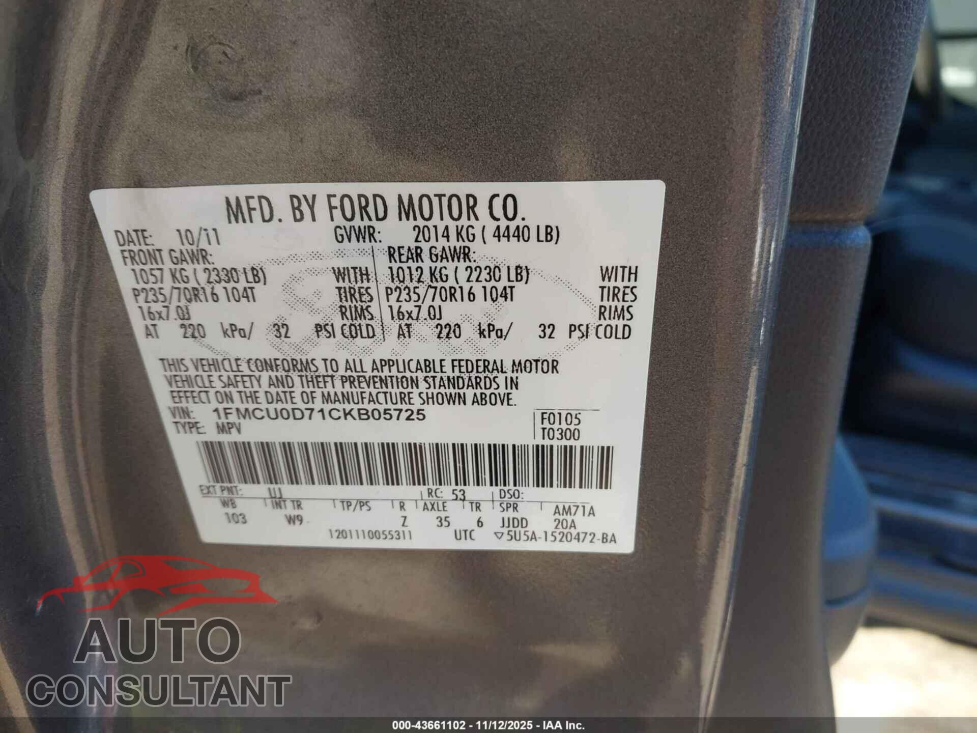 FORD ESCAPE 2012 - 1FMCU0D71CKB05725