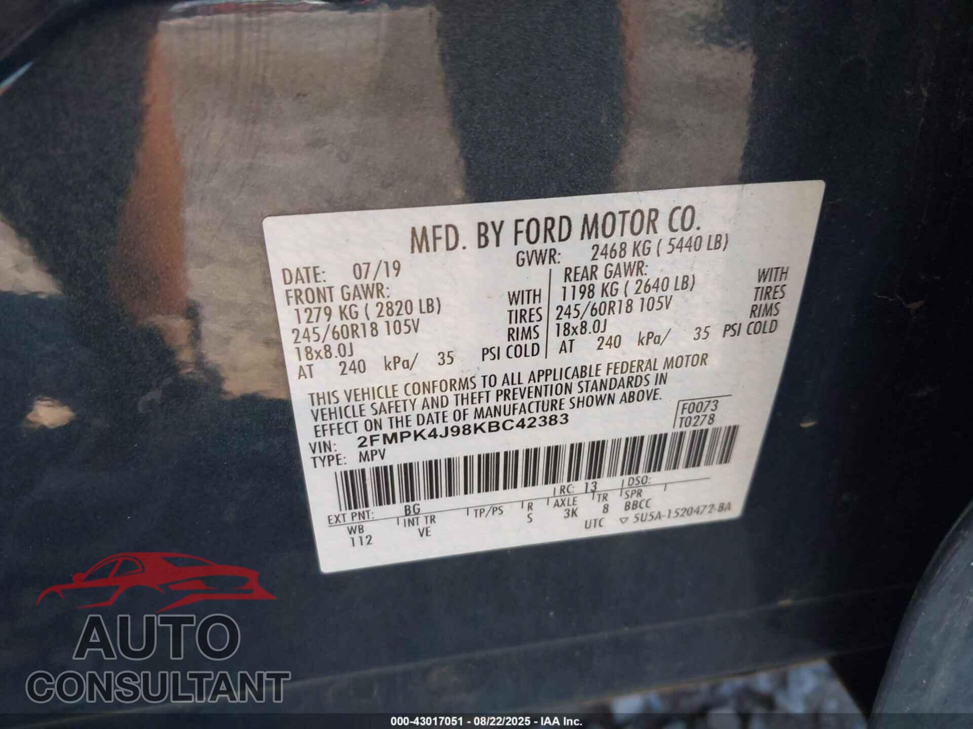 FORD EDGE 2019 - 2FMPK4J98KBC42383