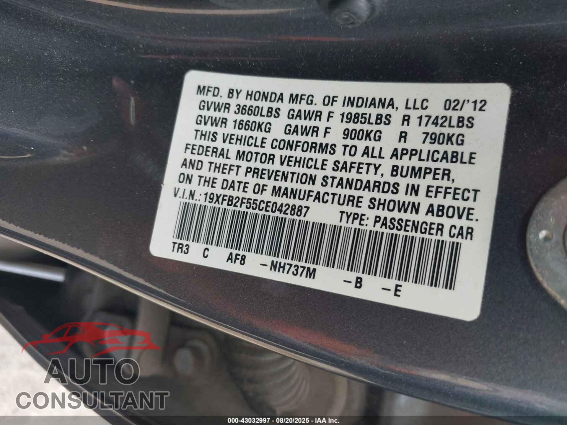 HONDA CIVIC 2012 - 19XFB2F55CE042887