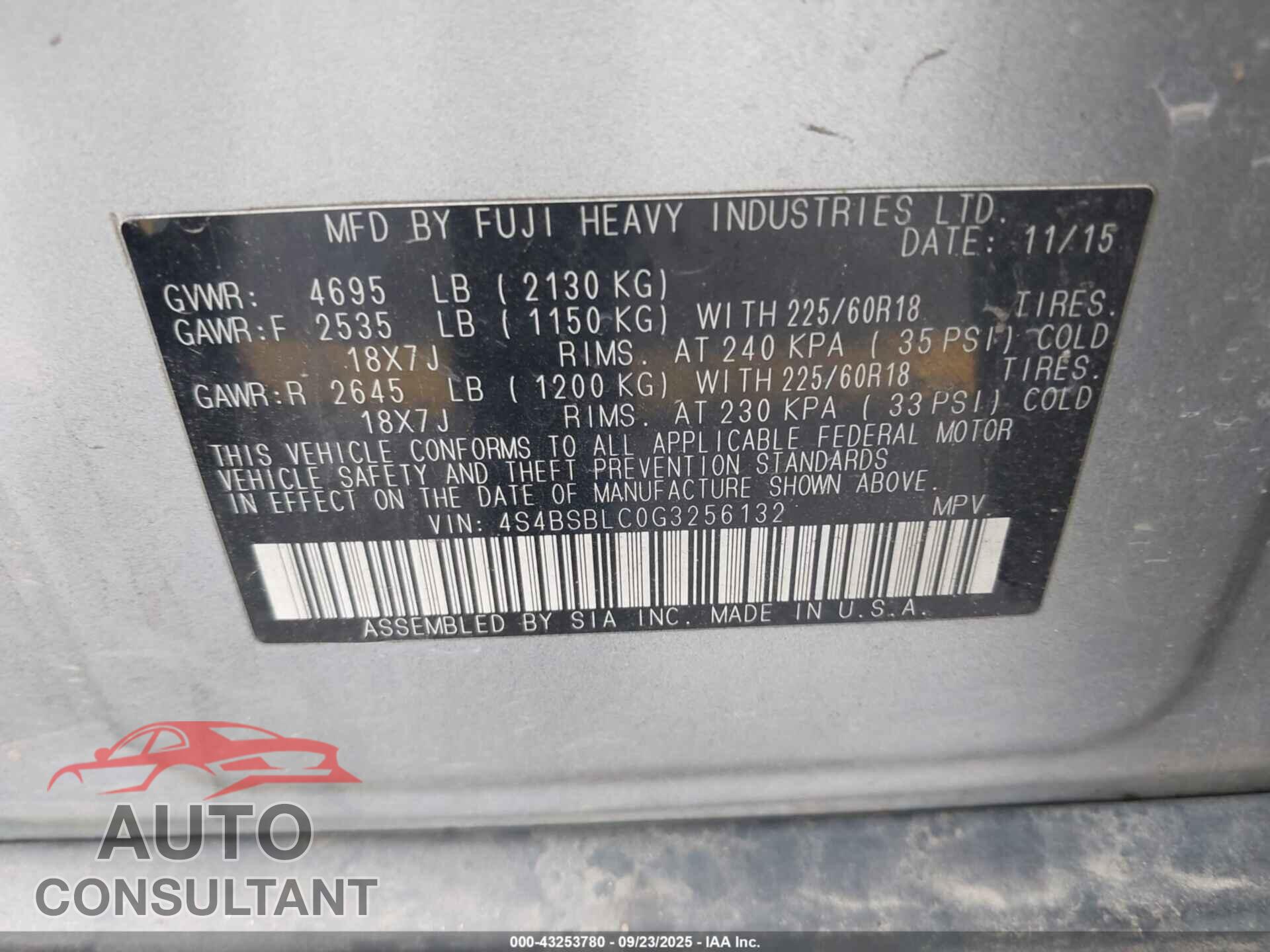SUBARU OUTBACK 2016 - 4S4BSBLC0G3256132