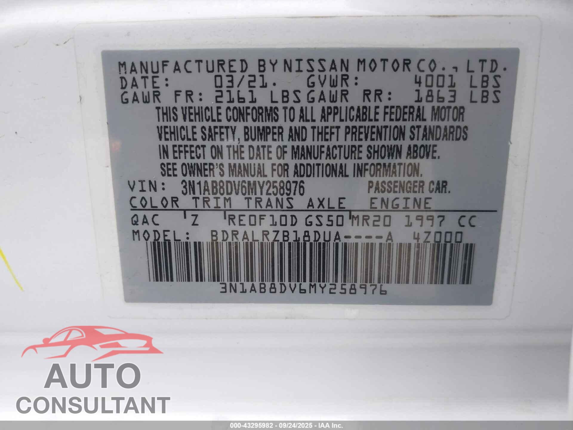 NISSAN SENTRA 2021 - 3N1AB8DV6MY258976