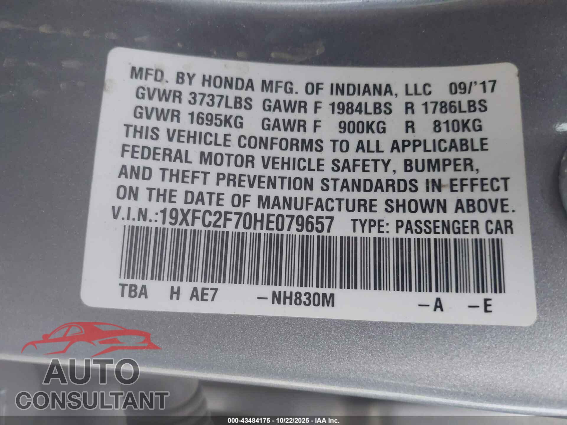 HONDA CIVIC 2017 - 19XFC2F70HE079657