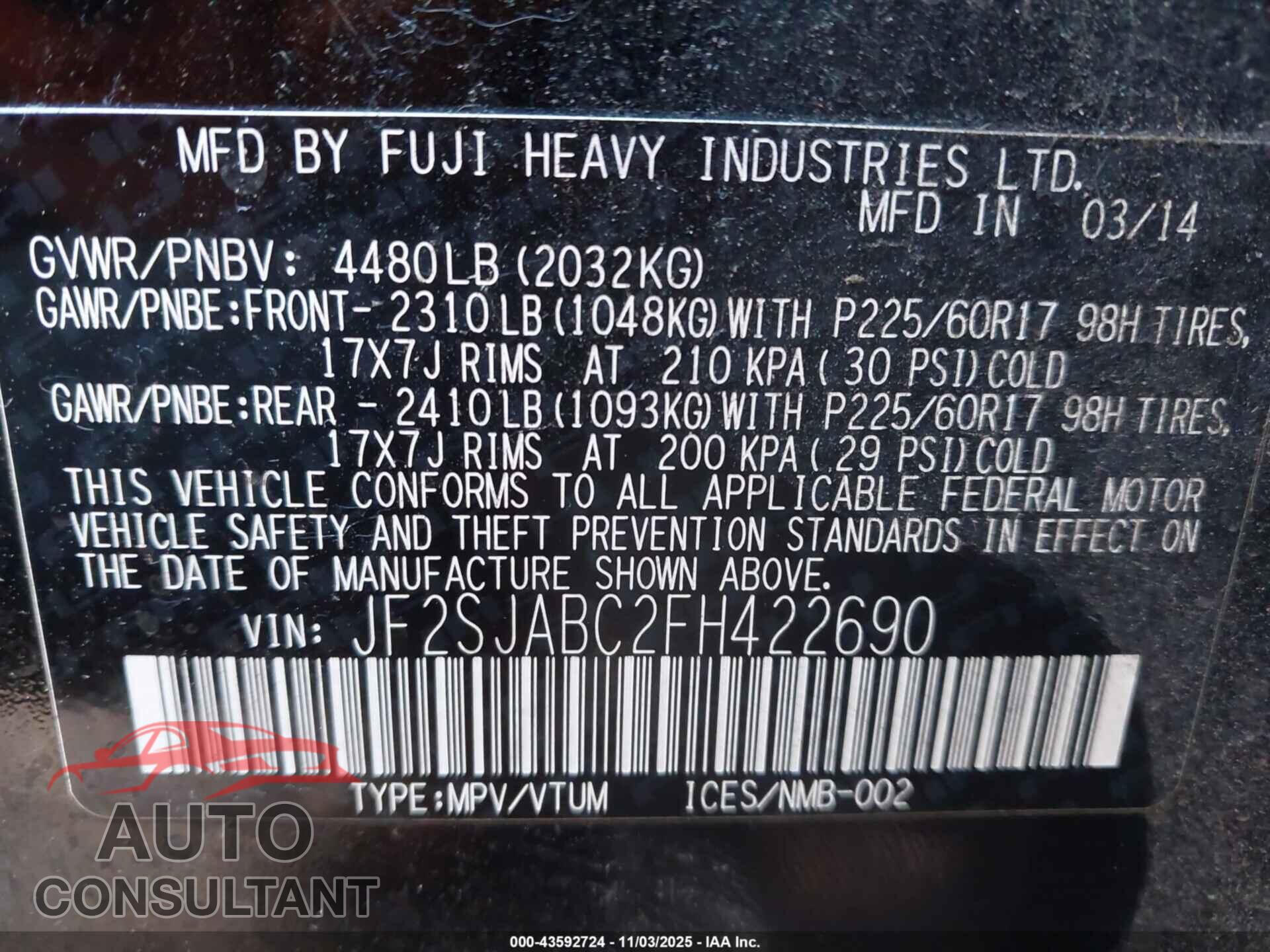 SUBARU FORESTER 2015 - JF2SJABC2FH422690