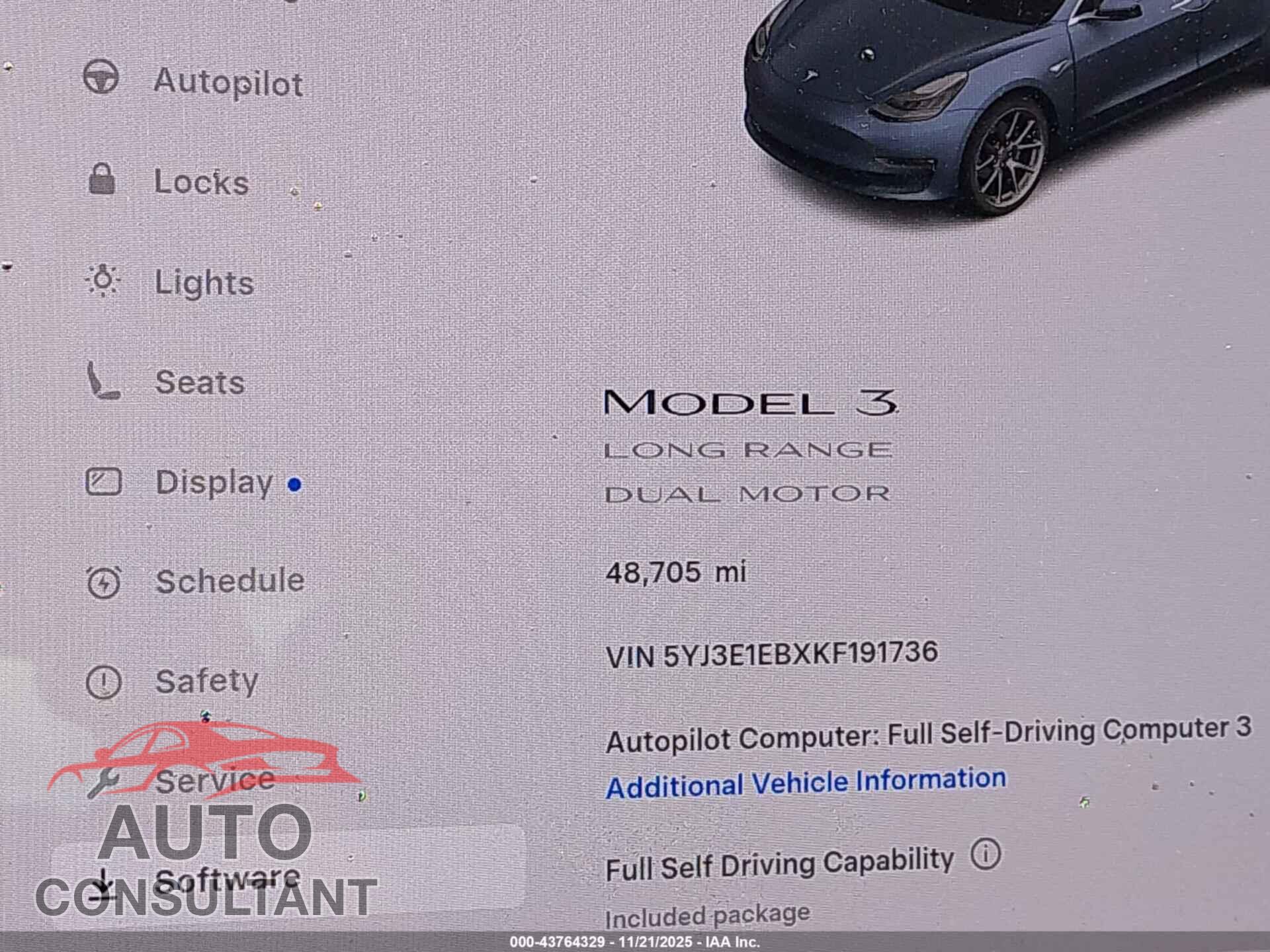TESLA MODEL 3 2019 - 5YJ3E1EBXKF191736