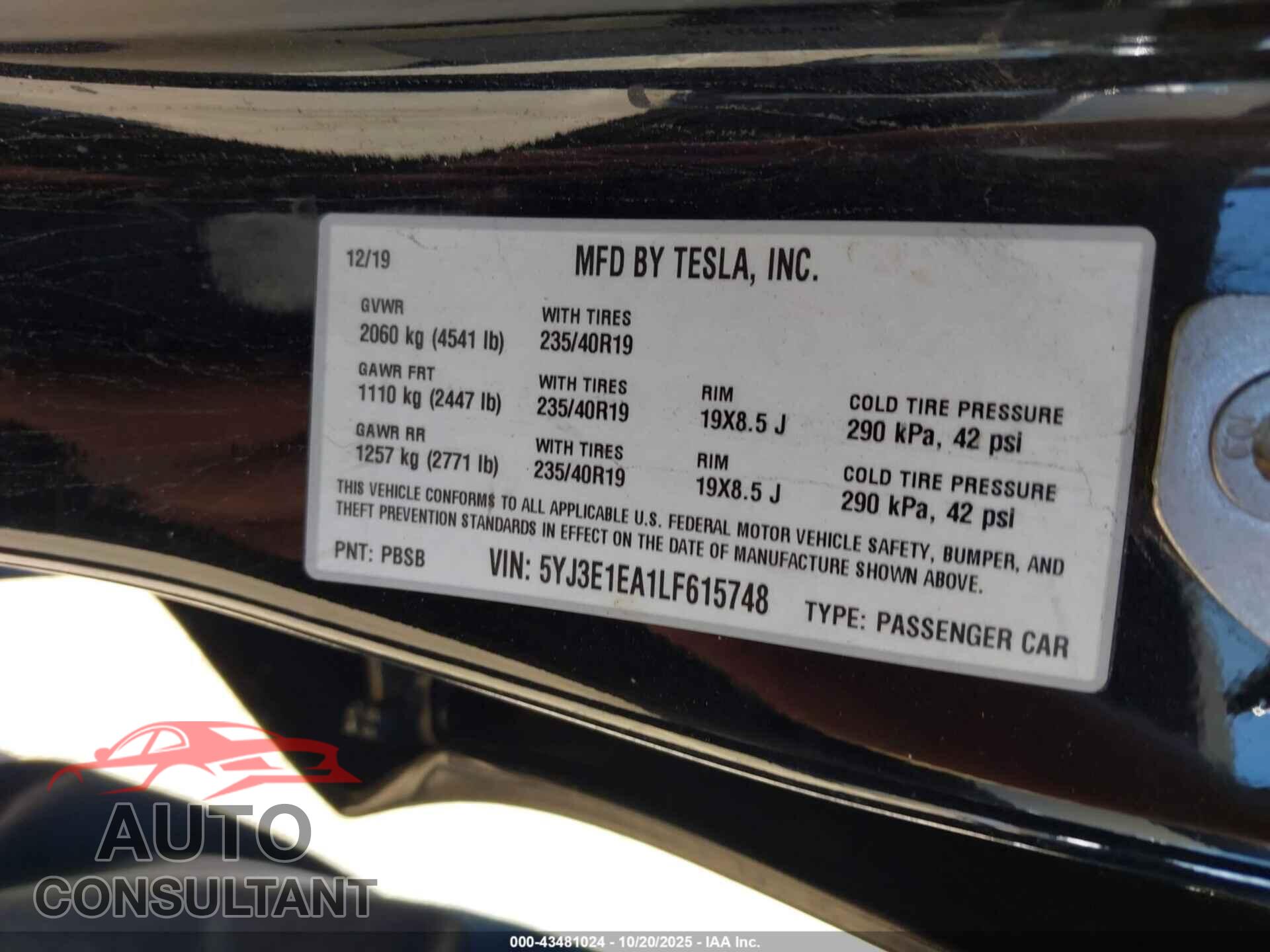 TESLA MODEL 3 2020 - 5YJ3E1EA1LF615748