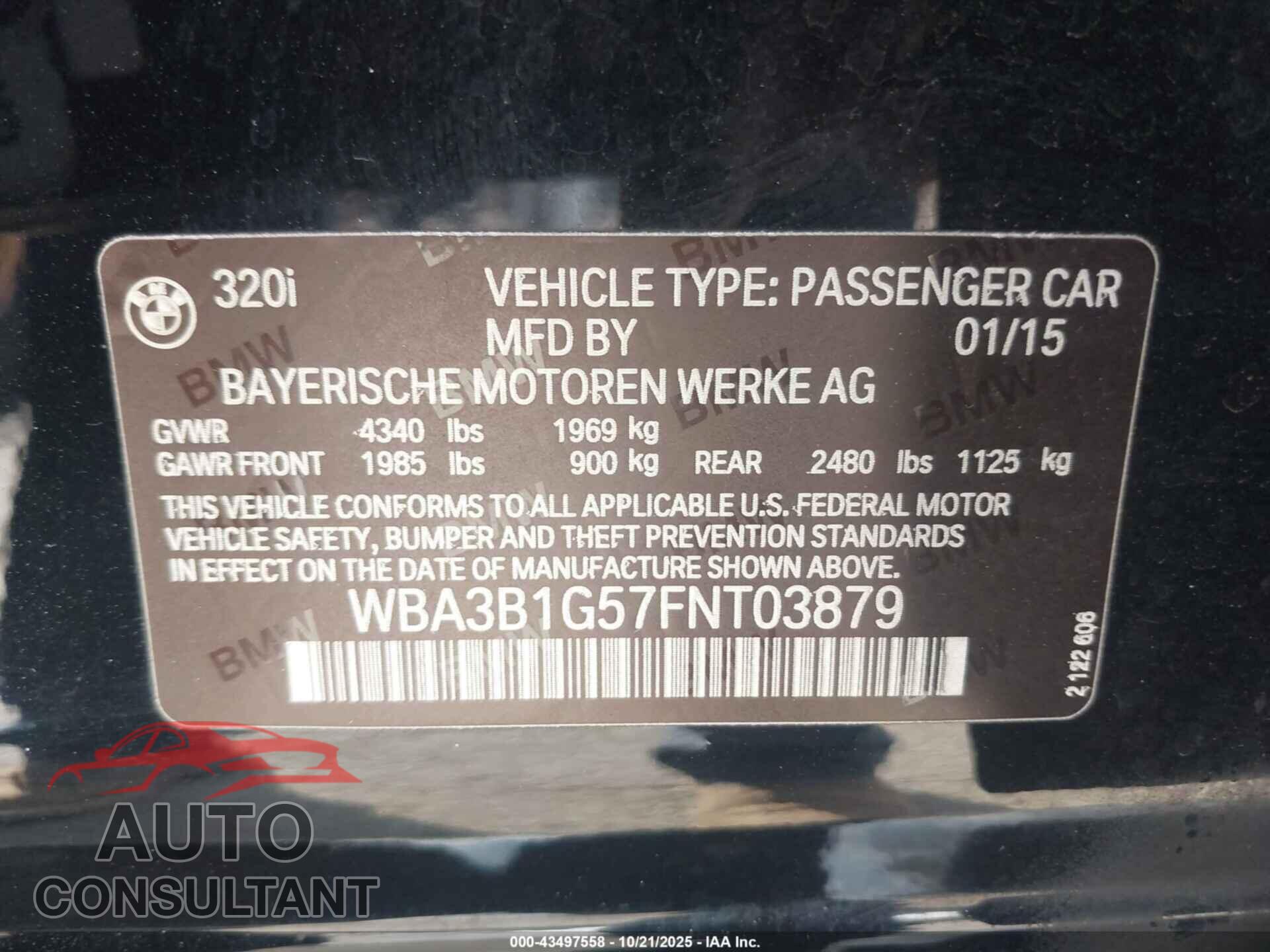 BMW 320I 2015 - WBA3B1G57FNT03879