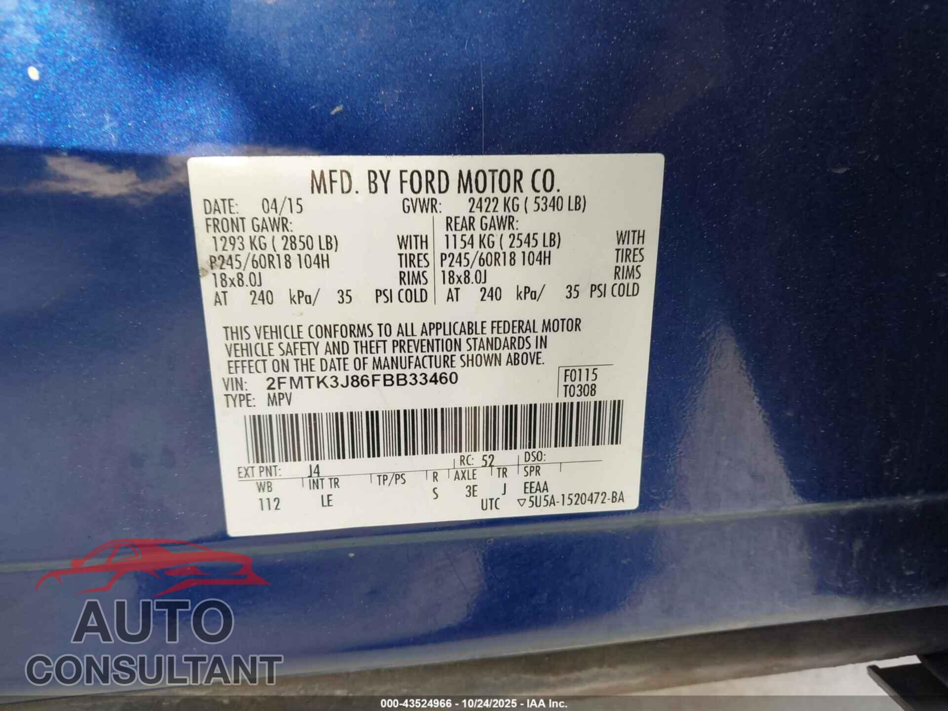 FORD EDGE 2015 - 2FMTK3J86FBB33460