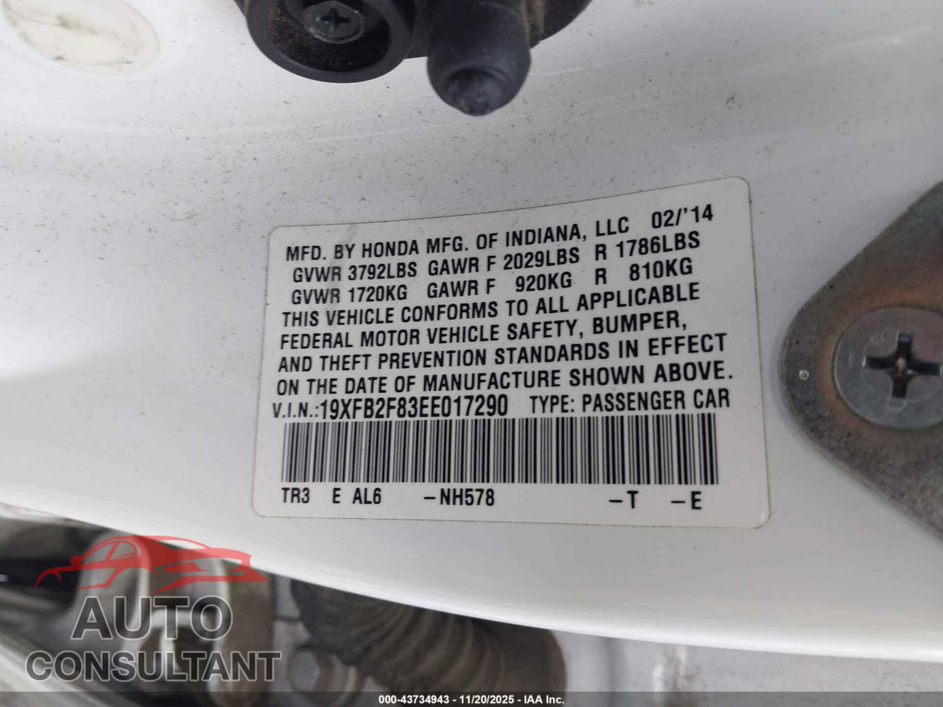HONDA CIVIC 2014 - 19XFB2F83EE017290