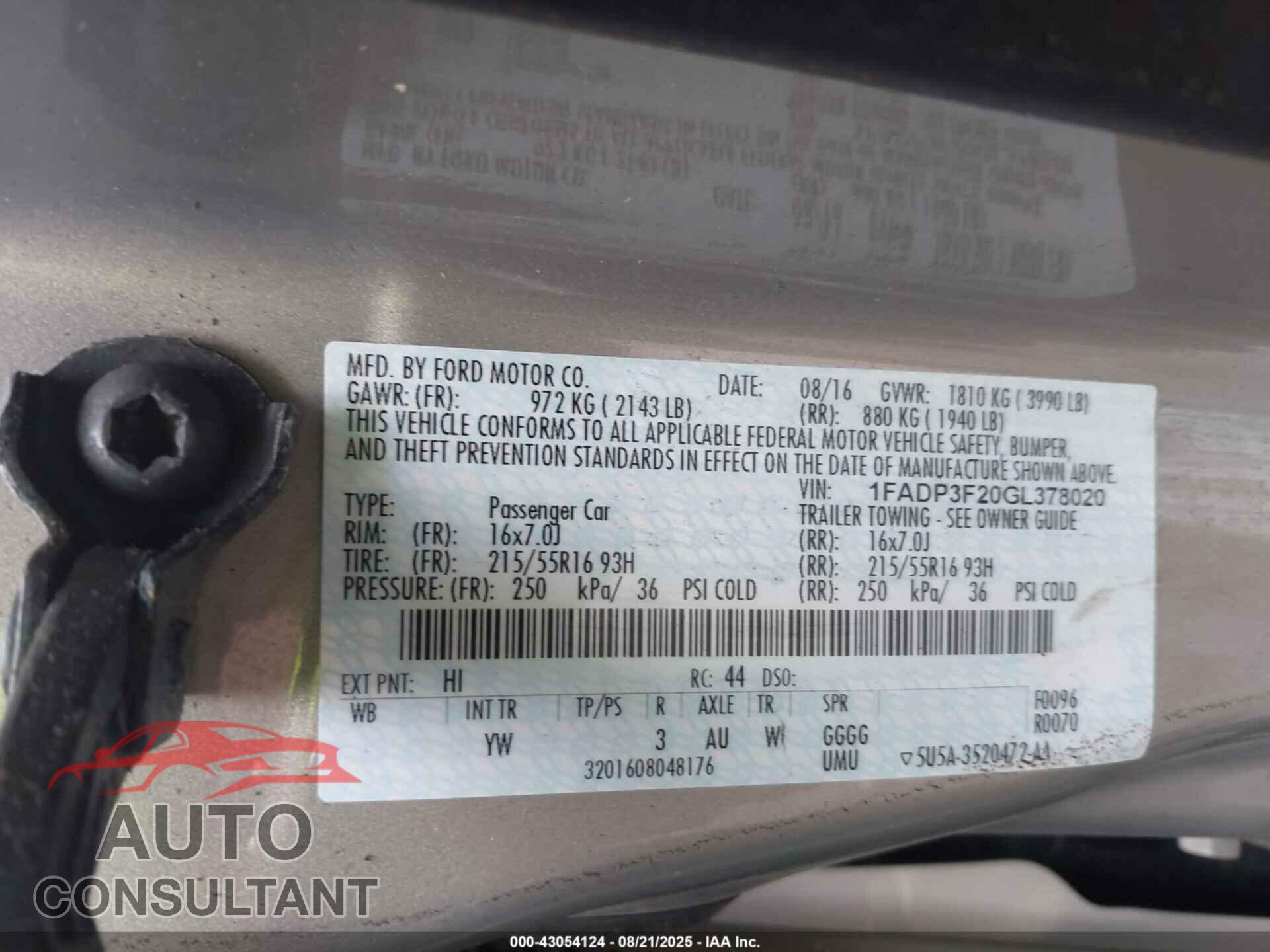 FORD FOCUS 2016 - 1FADP3F20GL378020
