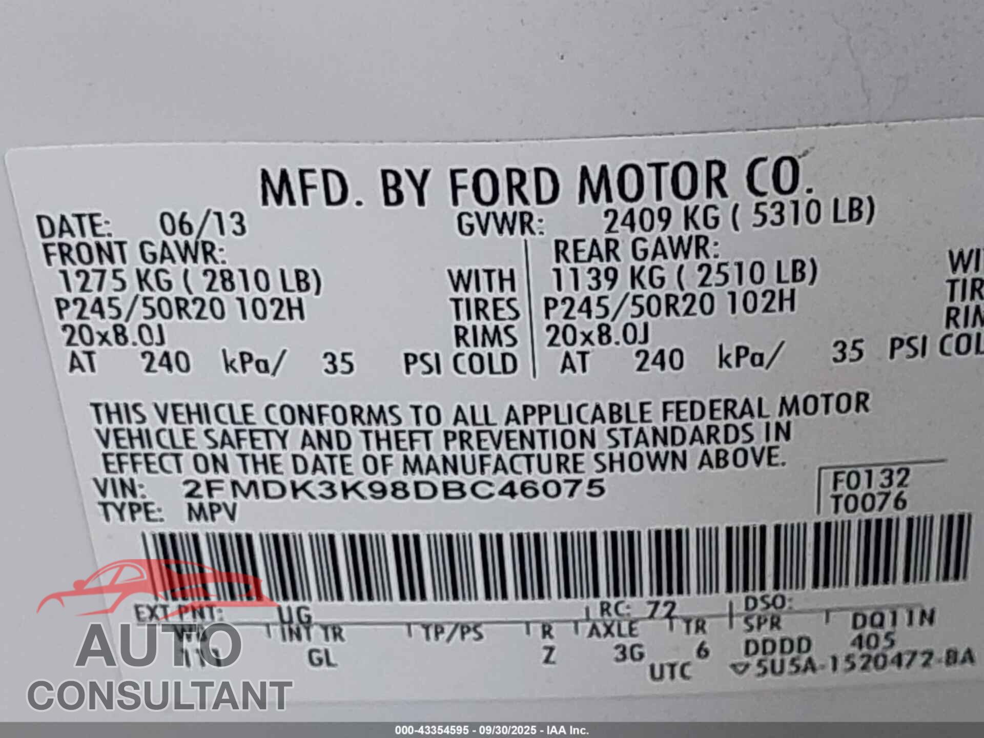FORD EDGE 2013 - 2FMDK3K98DBC46075
