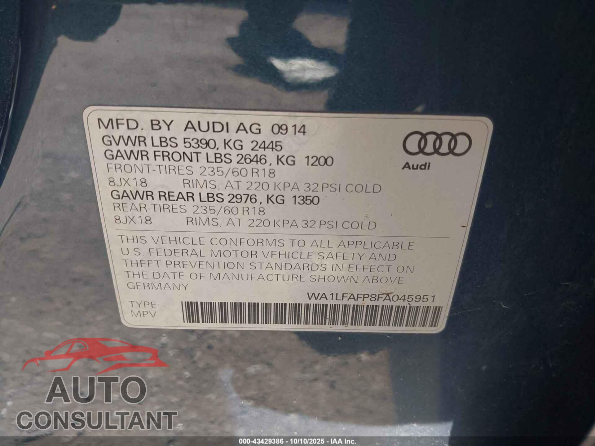 AUDI Q5 2015 - WA1LFAFP8FA045951