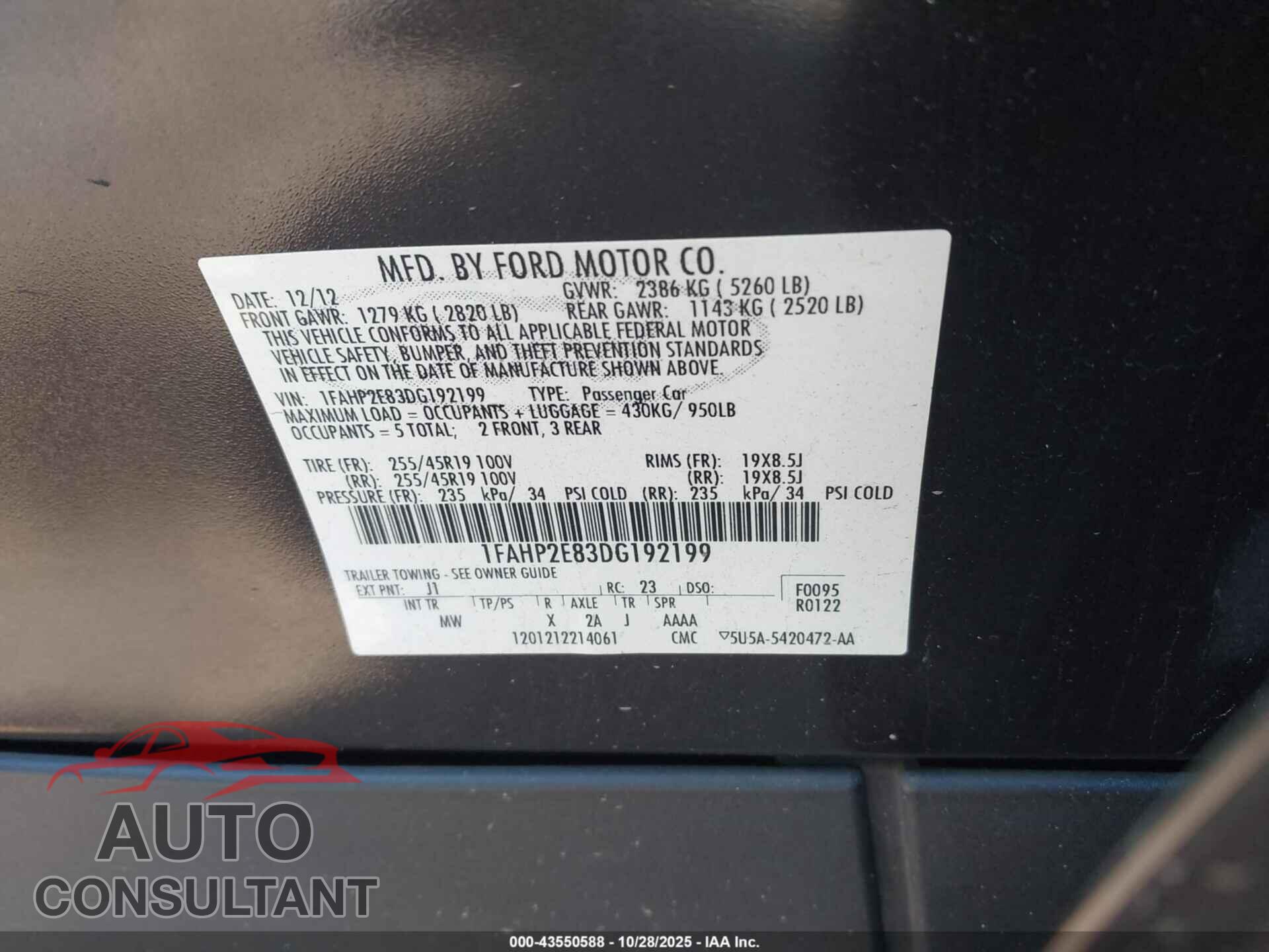 FORD TAURUS 2013 - 1FAHP2E83DG192199