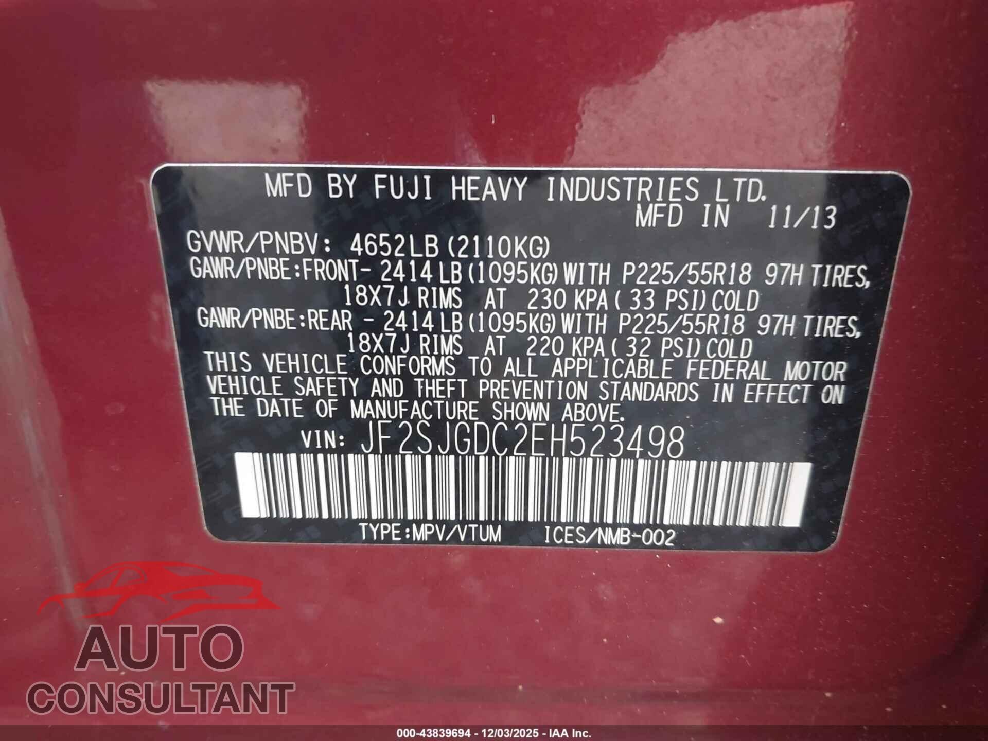 SUBARU FORESTER 2014 - JF2SJGDC2EH523498