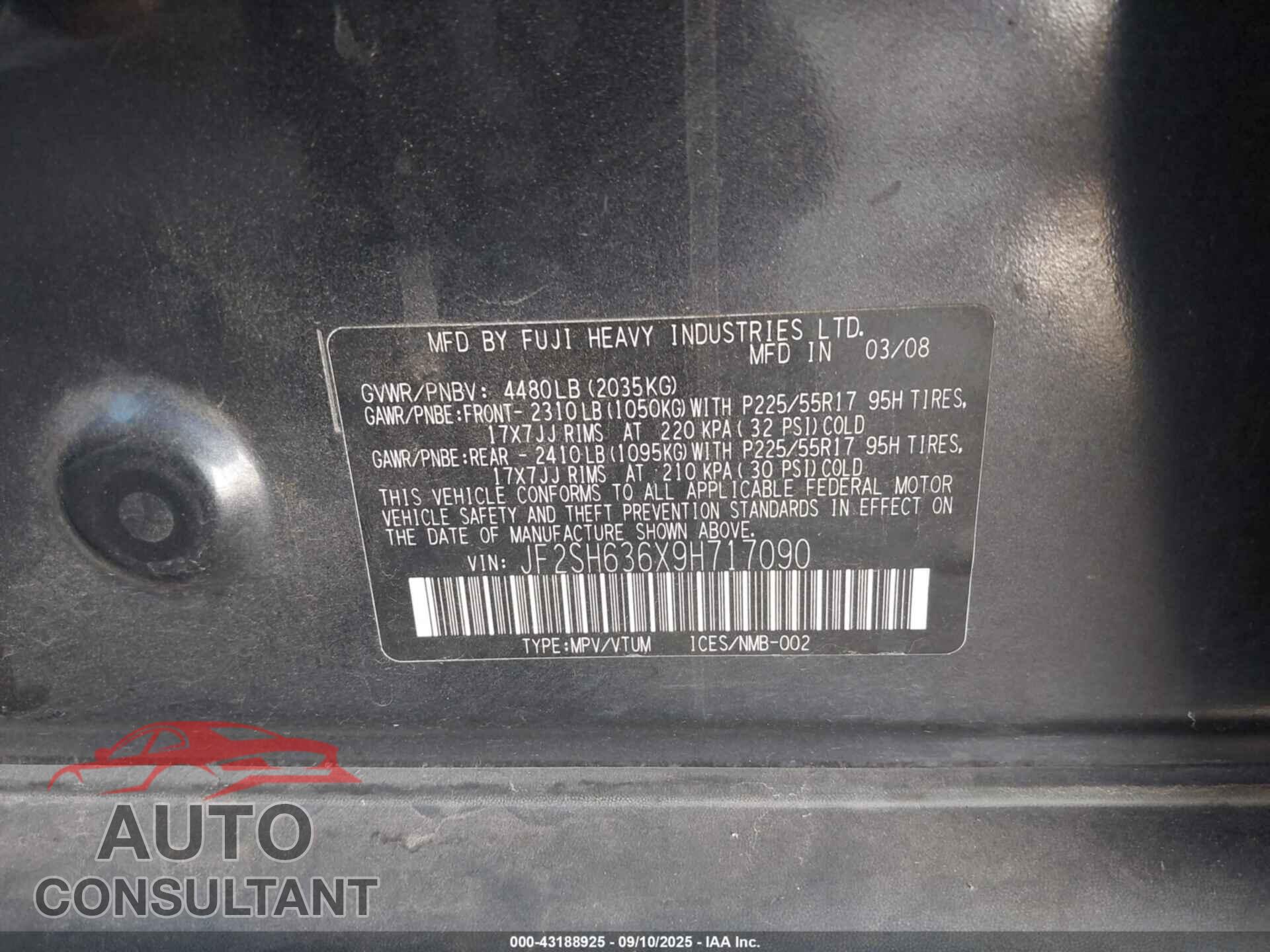 SUBARU FORESTER 2009 - JF2SH636X9H717090
