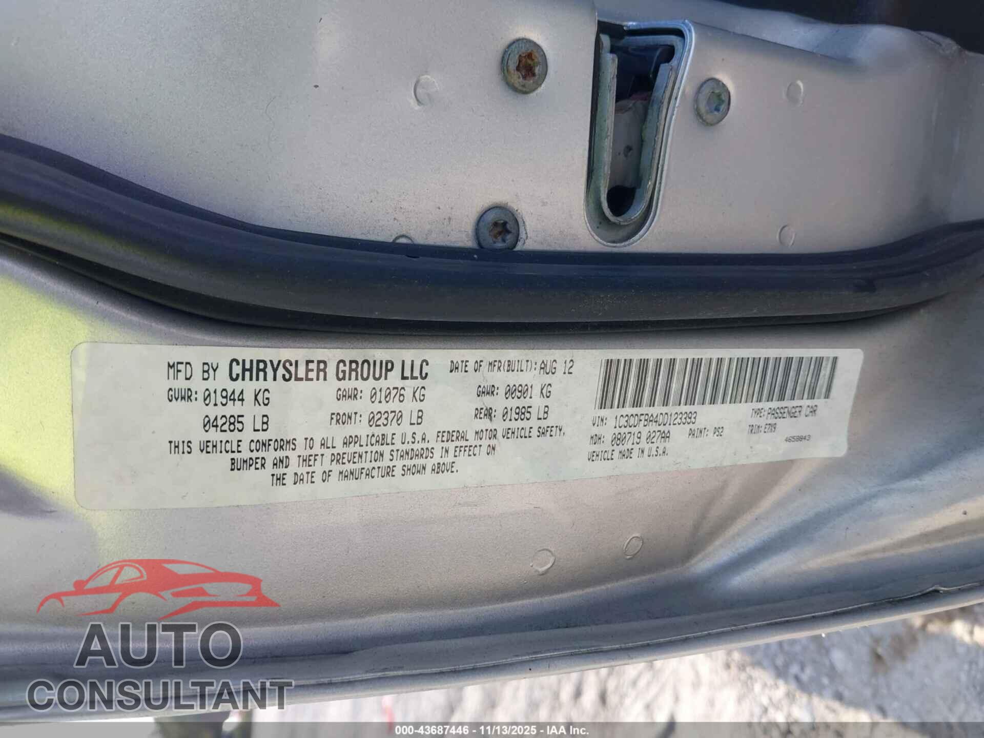 DODGE DART 2013 - 1C3CDFBA4DD123393