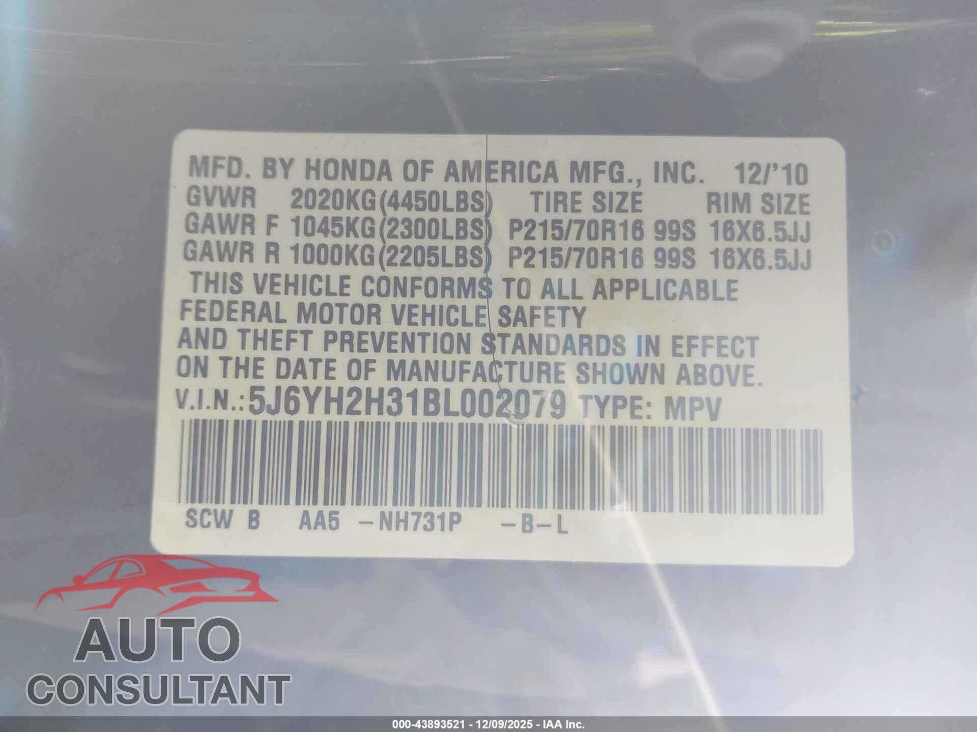 HONDA ELEMENT 2011 - 5J6YH2H31BL002079