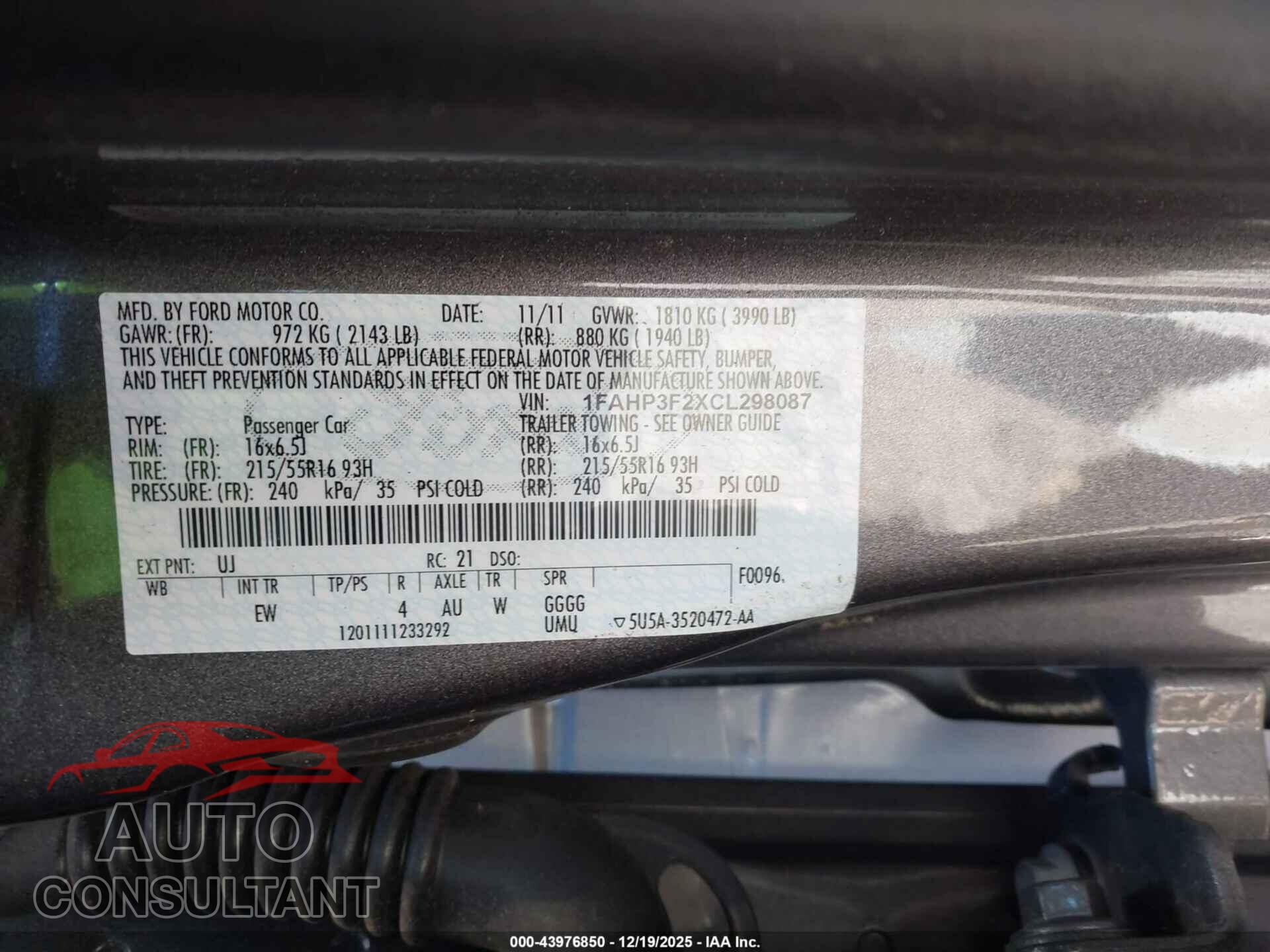 FORD FOCUS 2012 - 1FAHP3F2XCL298087