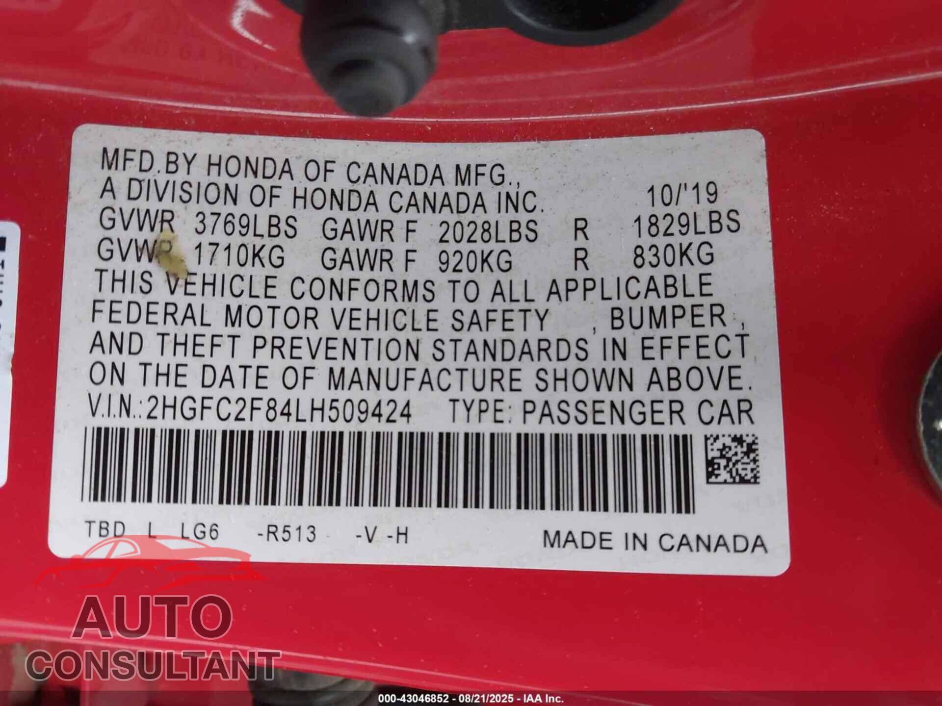 HONDA CIVIC 2020 - 2HGFC2F84LH509424